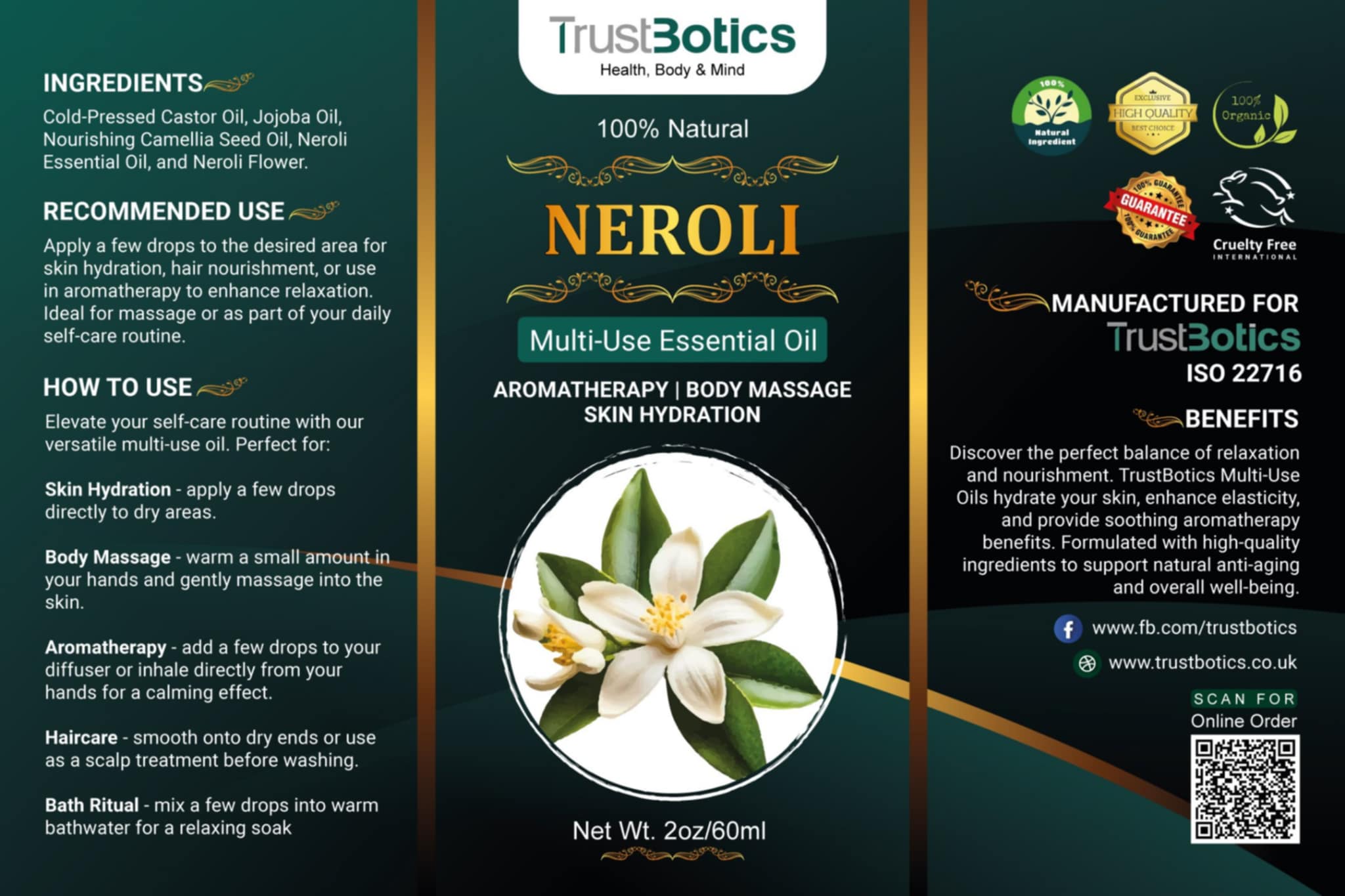 TrustBotics Neroli Multi-Use Essential Oil packaging information panel detailing ingredients, recommended use, application methods, benefits, and brand certifications for premium skincare.
