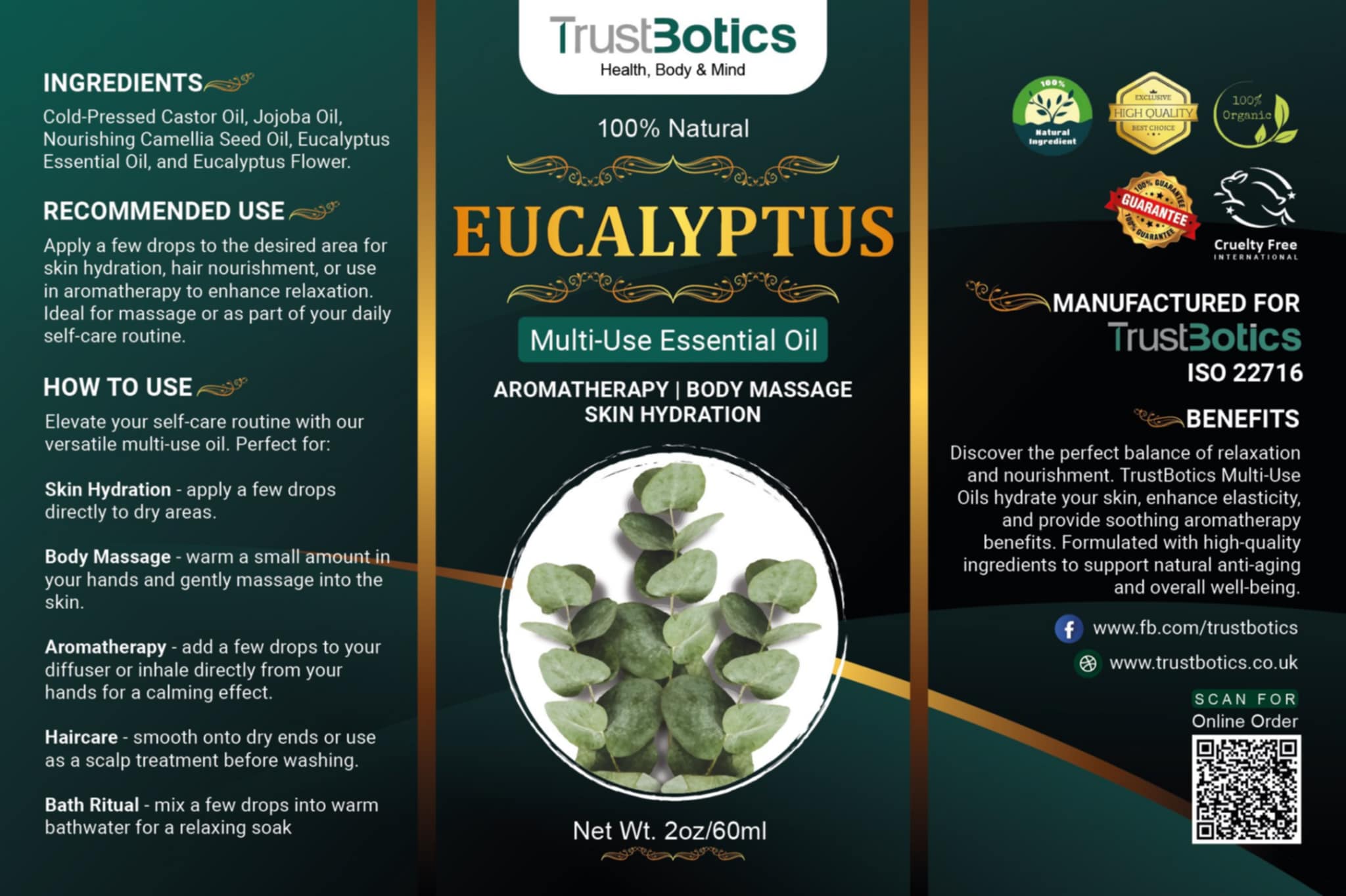 Detailed TrustBotics Eucalyptus Essential Oil label showing ingredients, recommended use, benefits, and certifications, highlighting premium quality and multi-use properties.