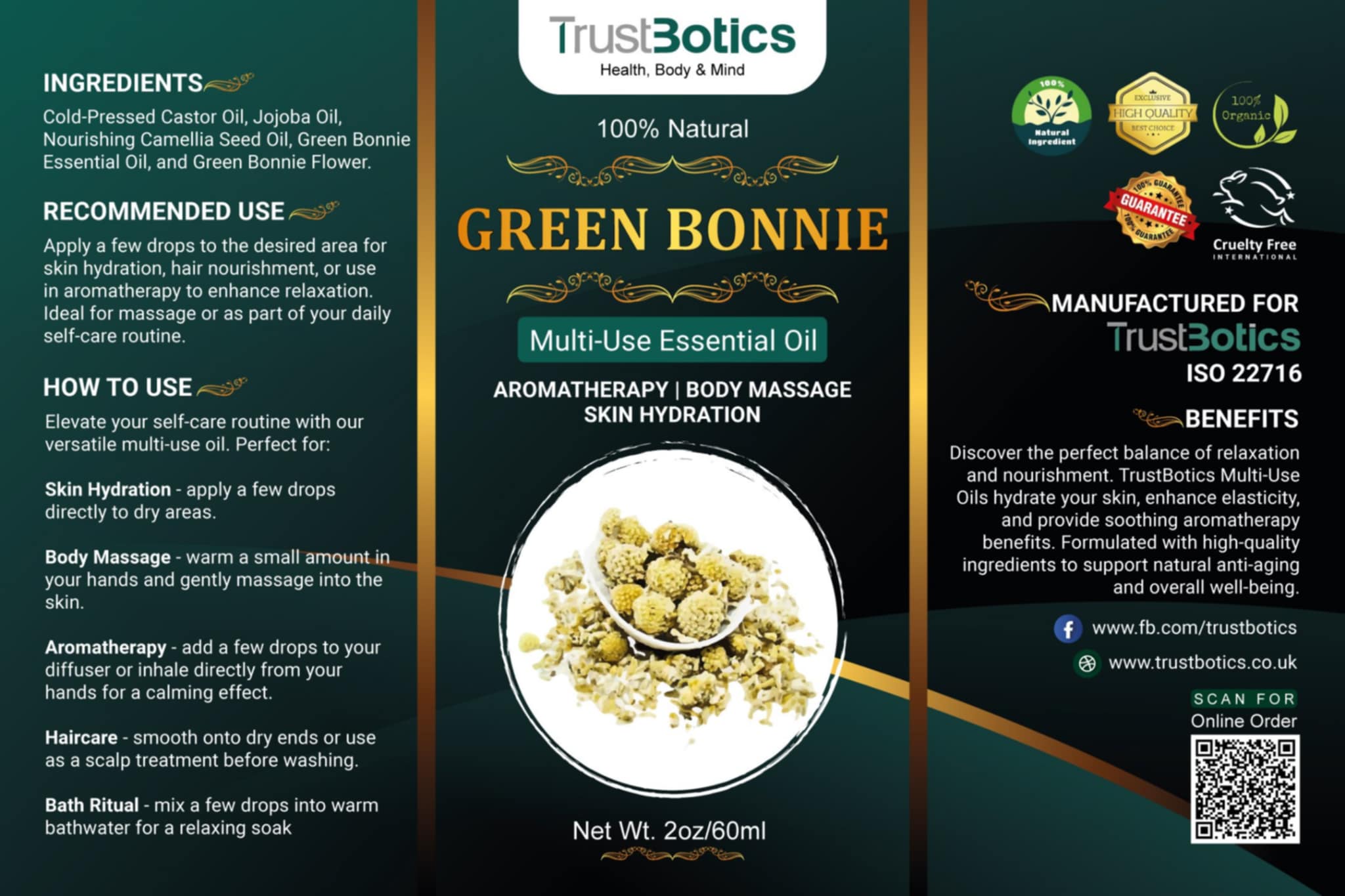 TrustBotics Green Bonnie Flower Essential Oil packaging insert with ingredients, usage instructions, benefits, and certification badges.