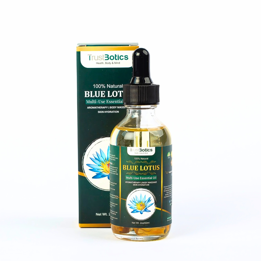 Blue Lotus Essential Oil bottle with TrustBotics box – luxurious multi-use oil for skin hydration, massage, and aromatherapy.