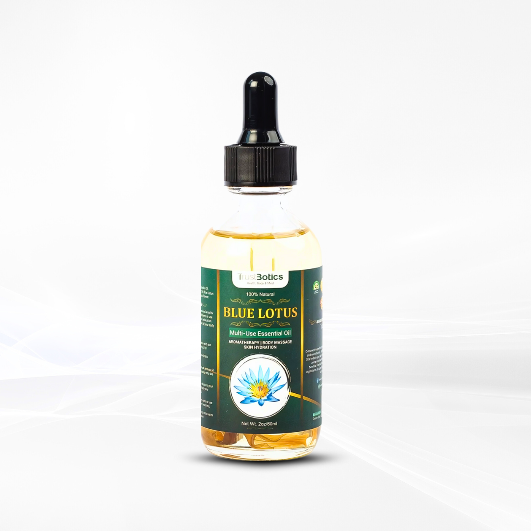 TrustBotics Blue Lotus Essential Oil bottle – luxurious multi-use elixir for glowing skin, relaxation, and soothing rituals.