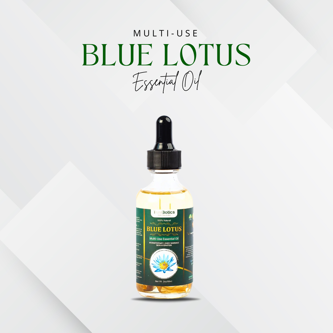 Blue Lotus Essential Oil bottle with premium TrustBotics label – multi-use aromatherapy oil for skin, sleep, and balance.