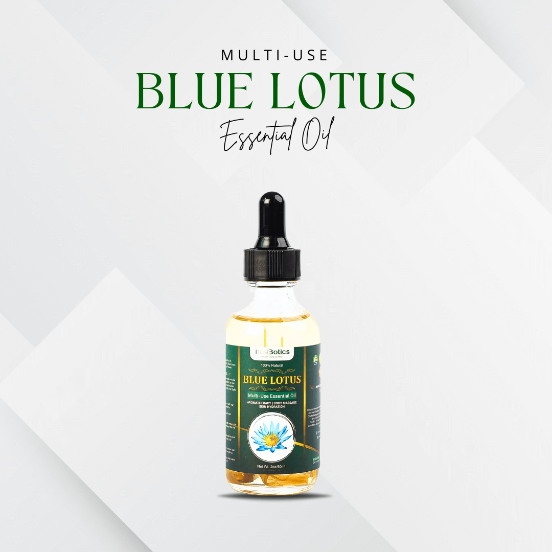 Blue Lotus Essential Oil bottle with premium TrustBotics label – multi-use aromatherapy oil for skin, sleep, and balance.