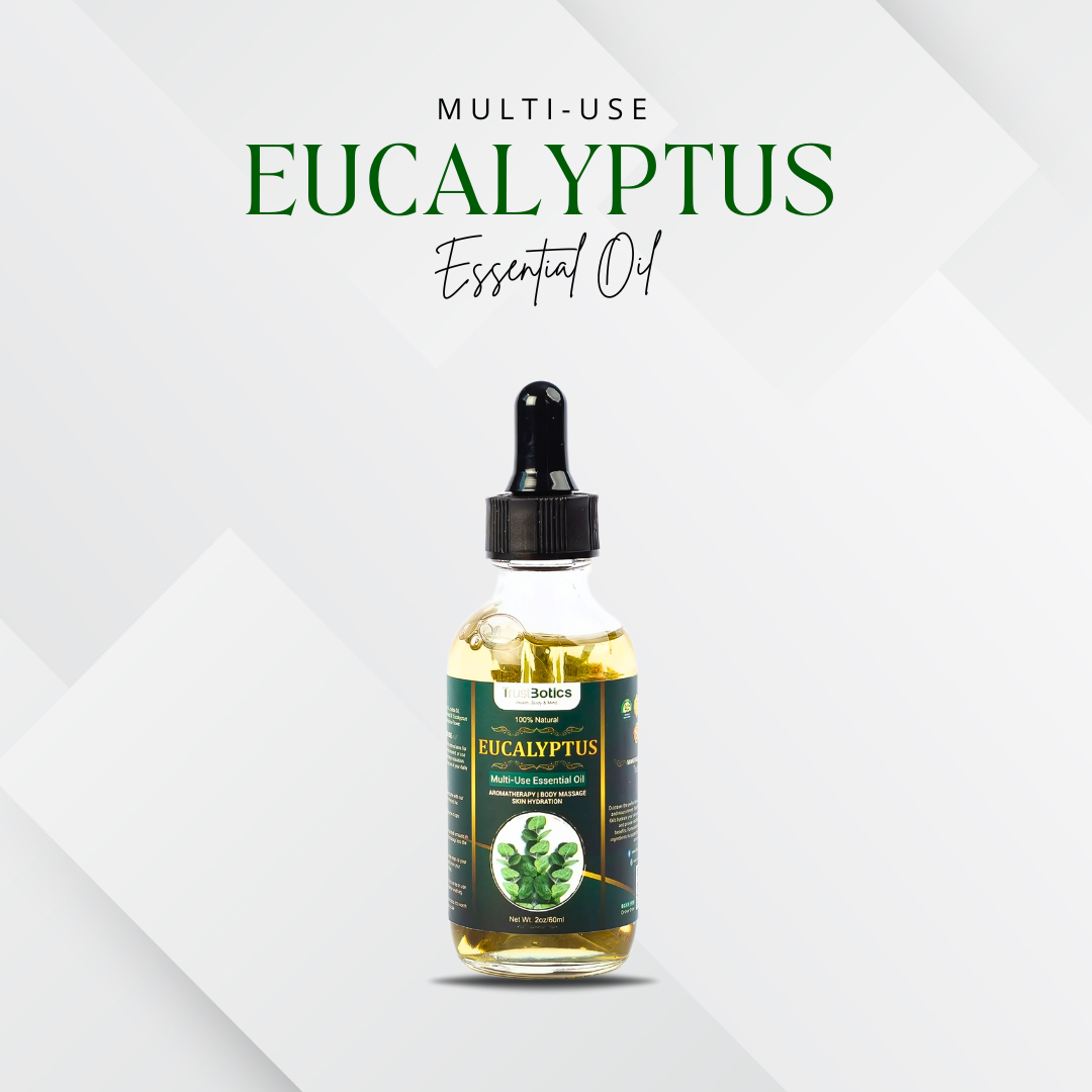TrustBotics Eucalyptus Multi-Use Essential Oil – premium bottle on white background, luxurious skin & aromatherapy oil for clarity and freshness.