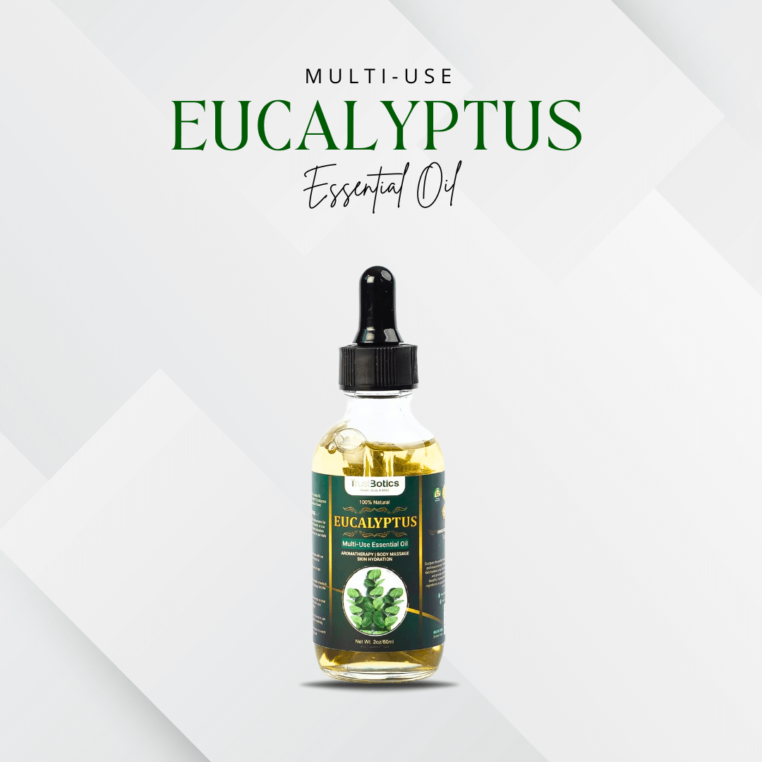 TrustBotics Eucalyptus Multi-Use Essential Oil – premium bottle on white background, luxurious skin & aromatherapy oil for clarity and freshness.