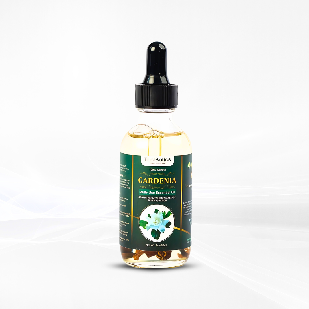 TrustBotics Gardenia Essential Oil bottle – close-up of luxury floral oil with clear label, showcasing premium botanical blend for skin, hair, and aromatherapy.