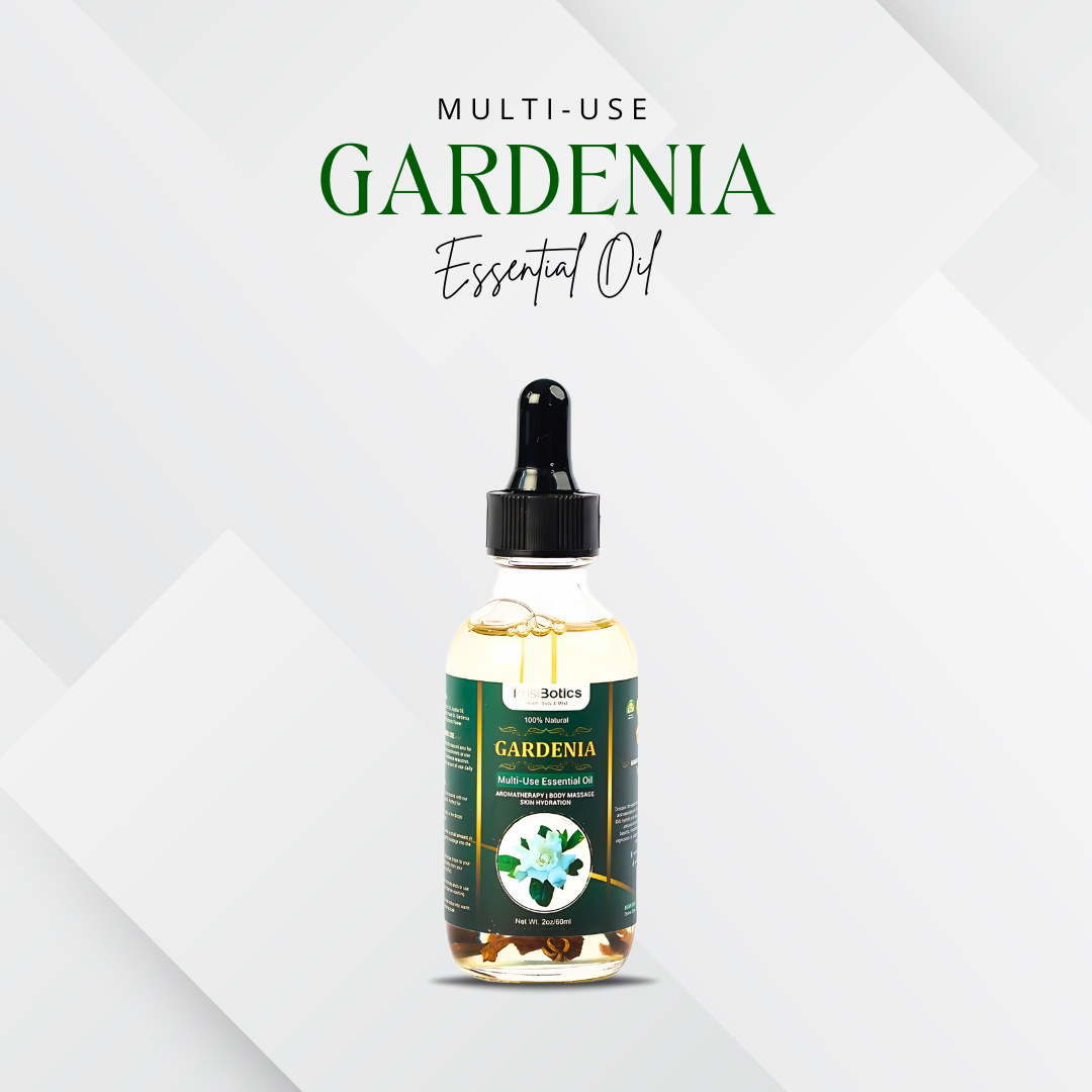 TrustBotics Gardenia Multi-Use Essential Oil, luxurious floral elixir in a premium glass bottle, perfect for skincare, haircare, and aromatherapy rituals.