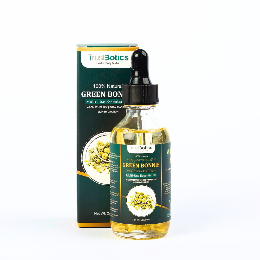 TrustBotics Green Bonnie Flower Essential Oil with box – elderflower multi-use oil for natural skincare, aromatherapy, and daily rituals.
