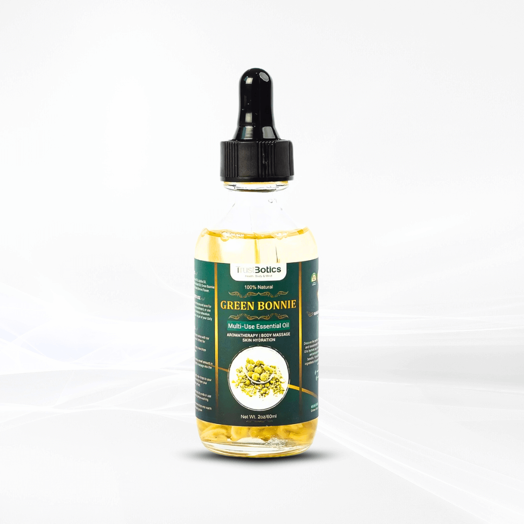 TrustBotics Green Bonnie Flower Essential Oil bottle – elderflower multi-use oil for fresh skin, balance, and aromatherapy rituals.
