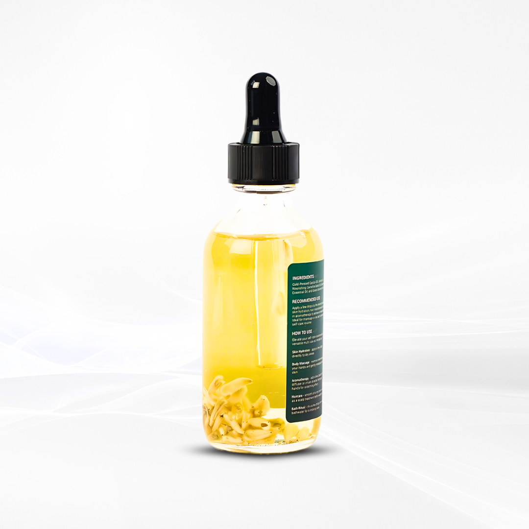 TrustBotics Green Bonnie Flower Essential Oil bottle with elderflower blossoms inside – detailed view of natural ingredients and product label.