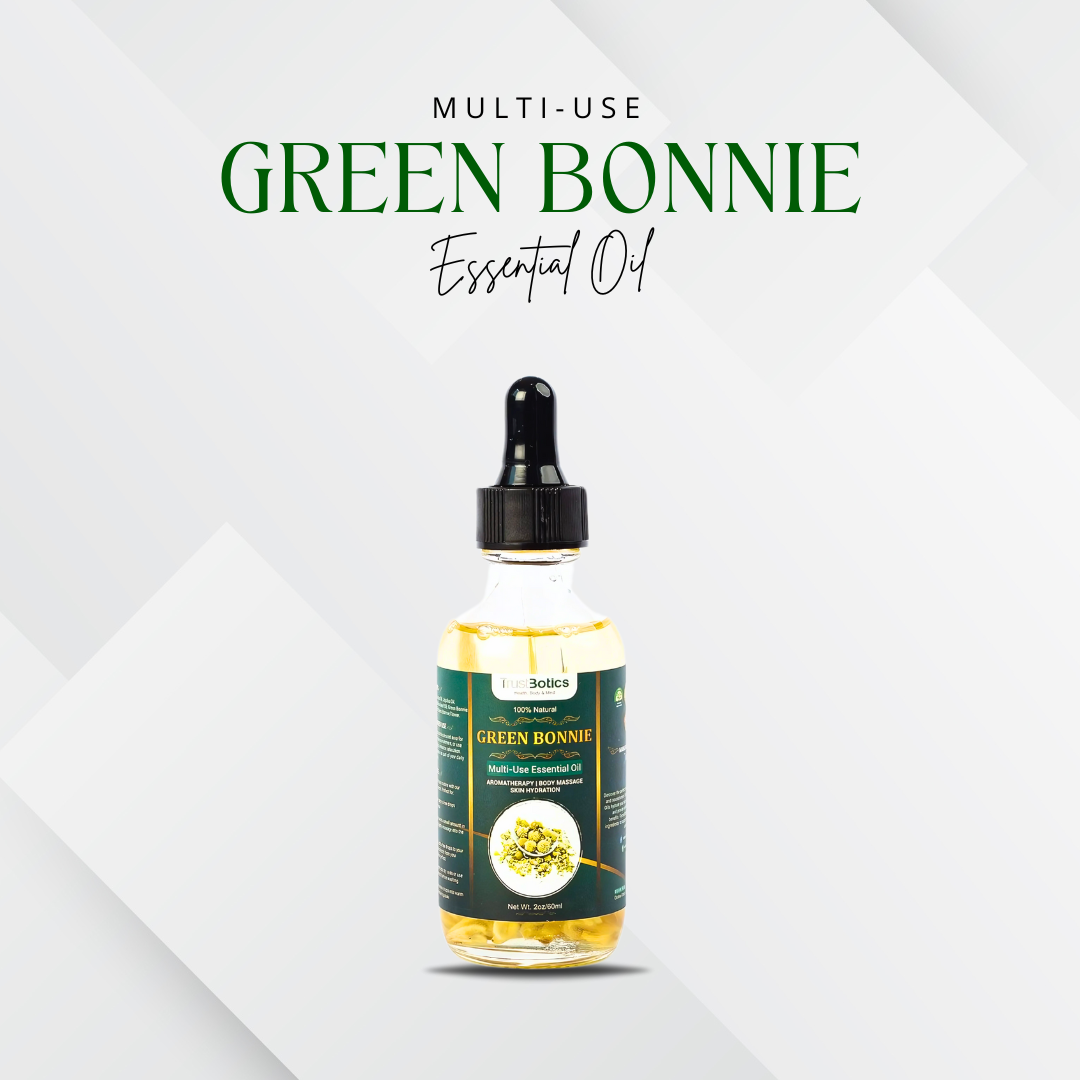 Green Bonnie Flower Multi-Use Essential Oil by TrustBotics – premium elderflower oil bottle on white background, natural skincare and aromatherapy product.