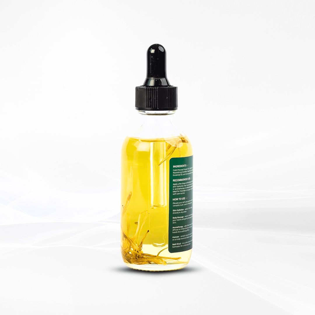 Honeysuckle Essential Oil by TrustBotics showcasing natural honeysuckle flower inside clear bottle, white background.