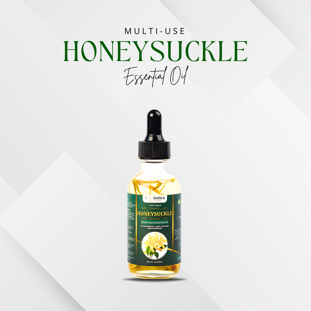Honeysuckle Essential Oil by TrustBotics – multi-use floral oil bottle on white background, premium skincare and aromatherapy product.
