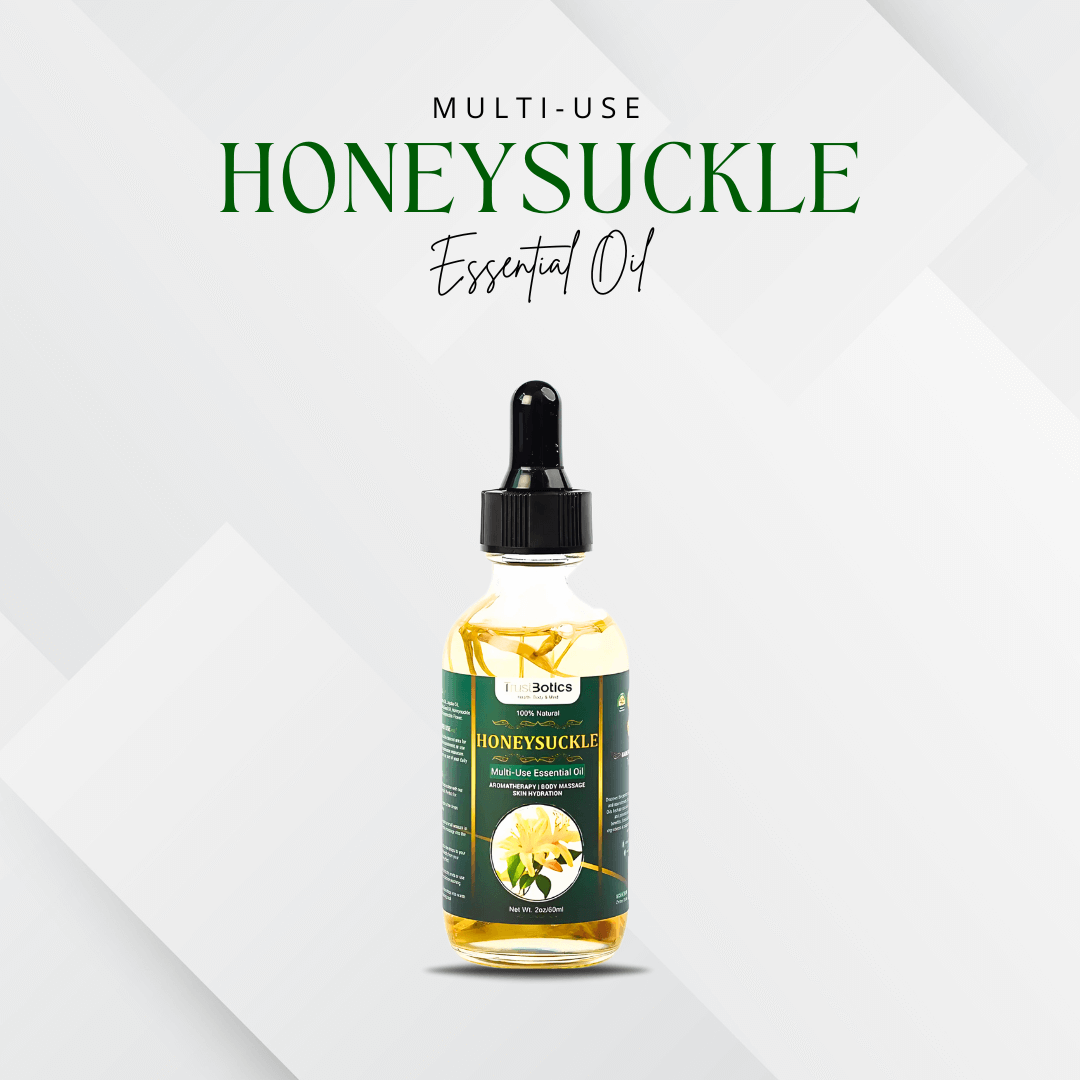 Honeysuckle Essential Oil by TrustBotics – multi-use floral oil bottle on white background, premium skincare and aromatherapy product.