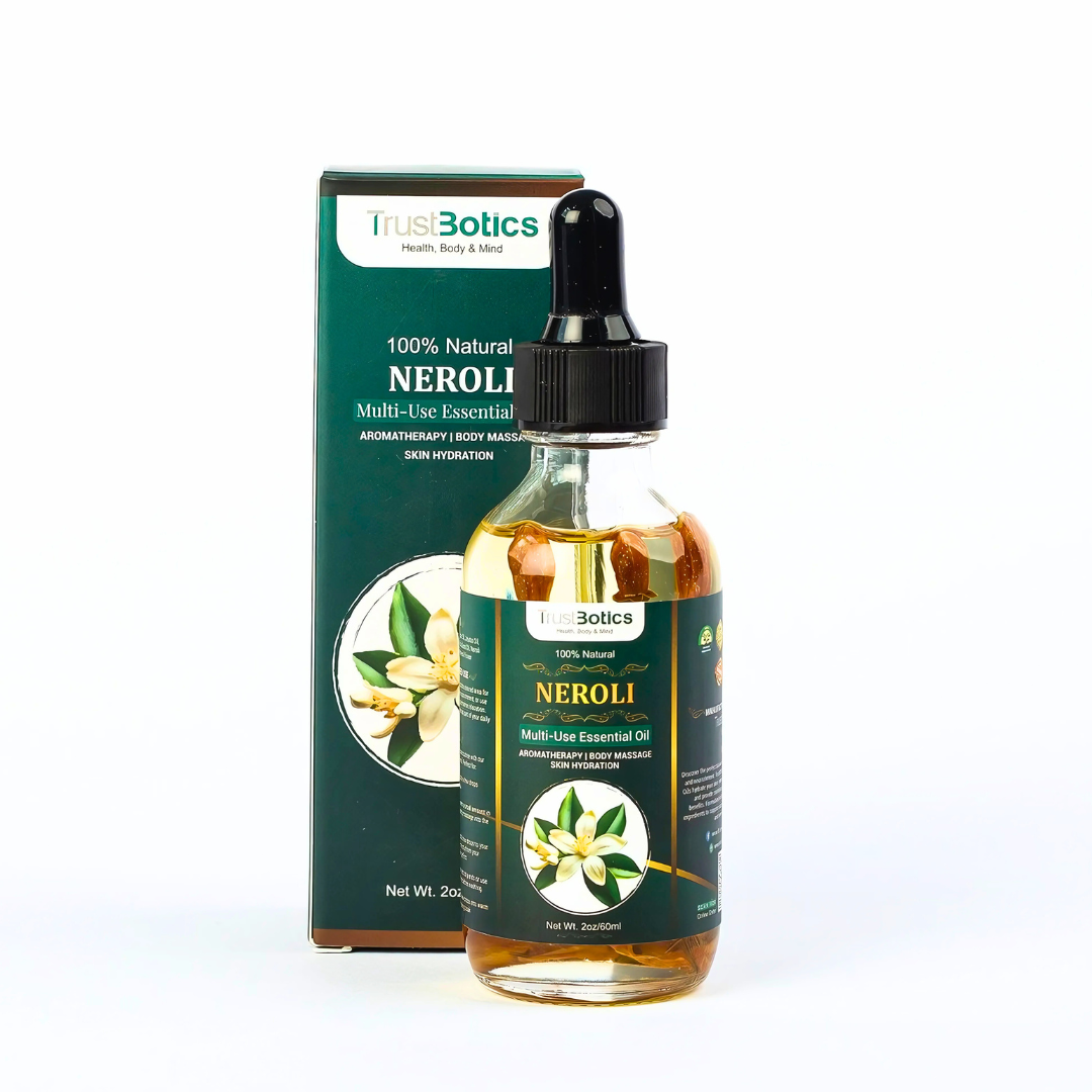 Luxury Neroli Essential Oil bottle with green TrustBotics box – premium multi-use oil for skincare, massage, and aromatherapy.