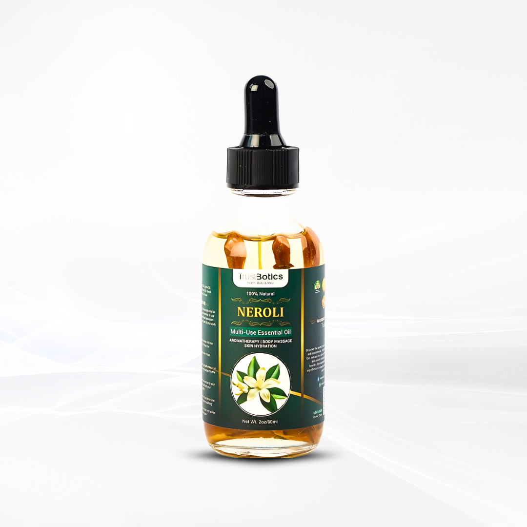 Luxury Neroli Essential Oil bottle by TrustBotics – 60ml multi-use oil for radiant skin, massage, and calming aromatherapy.