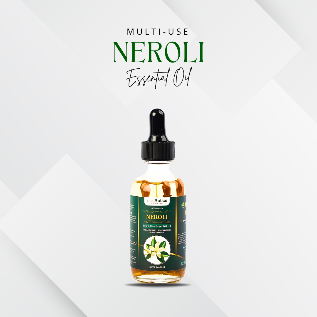 Luxury Neroli Multi-Use Essential Oil bottle with TrustBotics branding on white background – premium skincare and aromatherapy product photo.