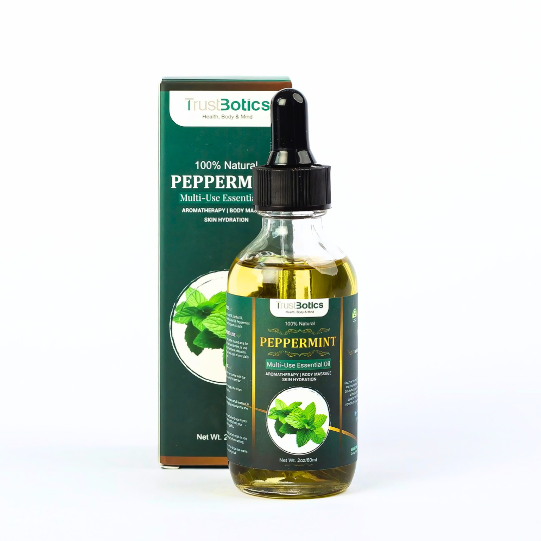 TrustBotics Peppermint Essential Oil bottle with packaging box, showcasing natural skincare and aromatherapy benefits on a white background.