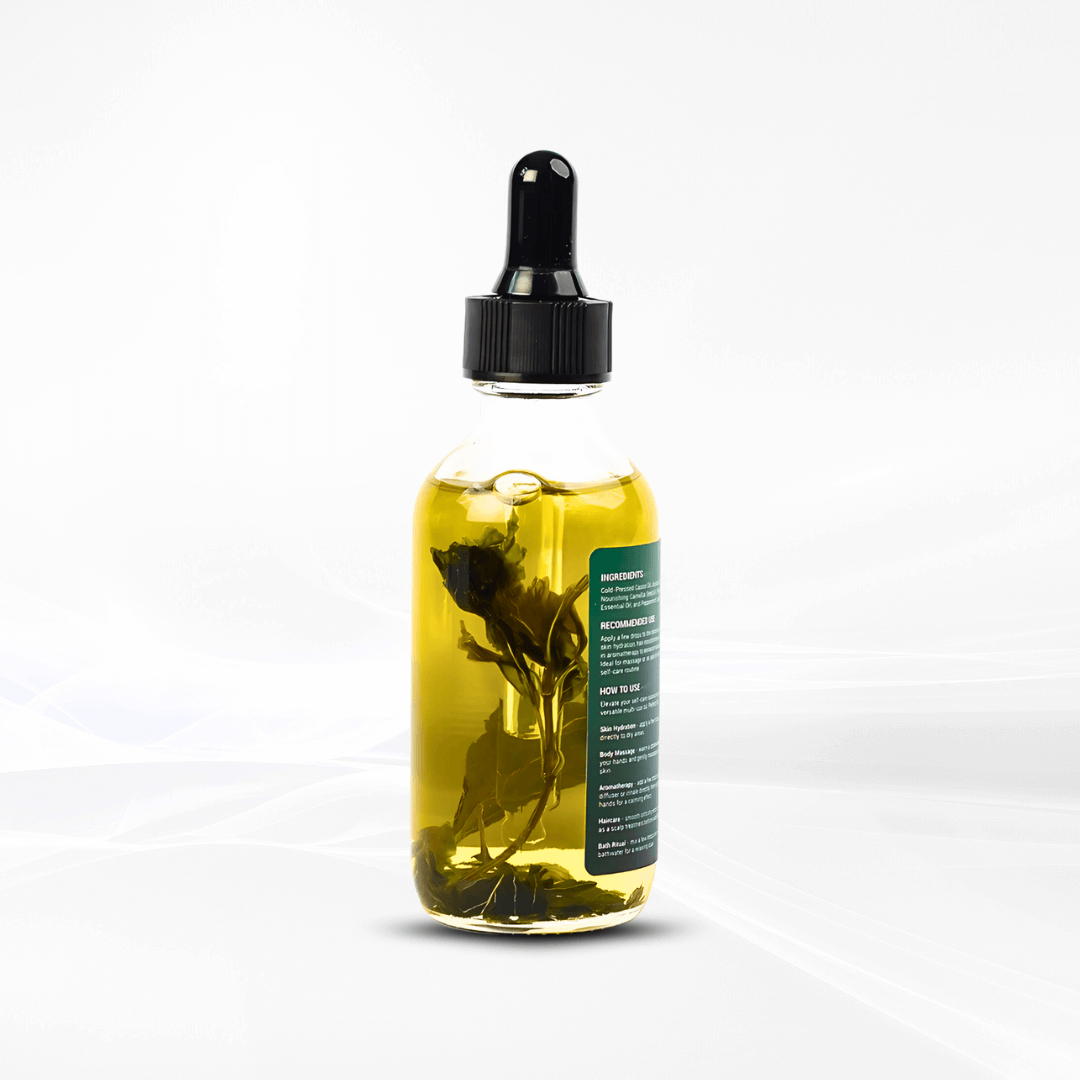 TrustBotics Peppermint Essential Oil bottle showing natural mint leaves suspended inside the oil, highlighting the authentic plant ingredients.