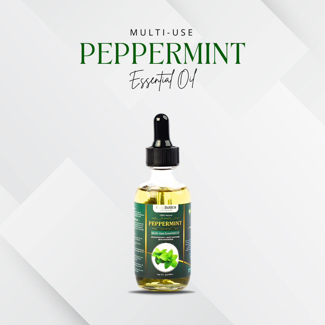 TrustBotics Multi-Use Peppermint Essential Oil bottle on white background with product branding, highlighting fresh and energizing natural formula.
