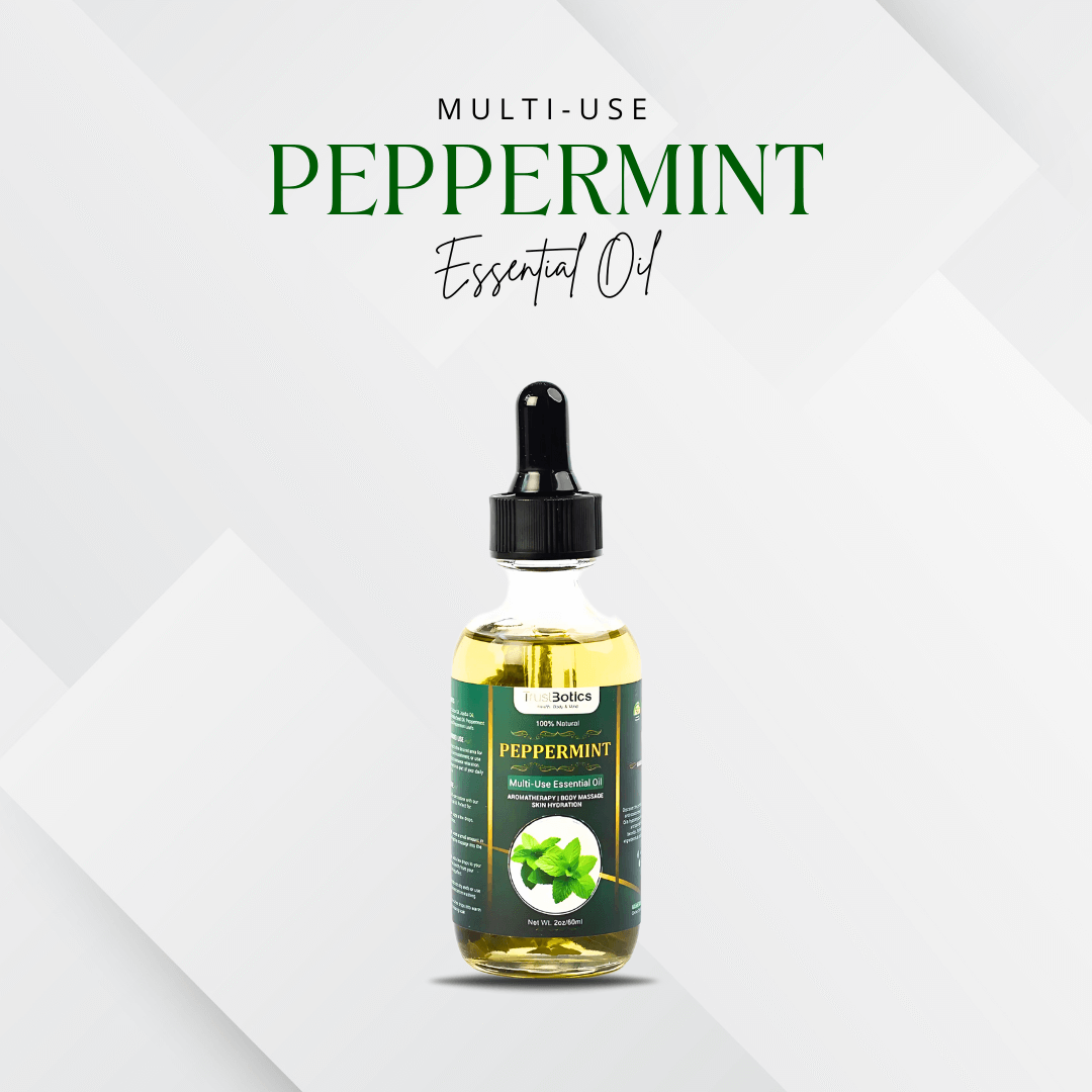 Peppermint Multi-Use Essential Oil bottle with dropper on a grey background.