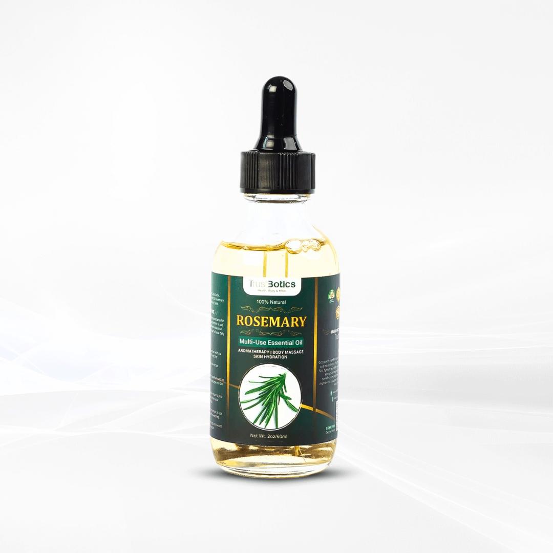 Close-up of TrustBotics Rosemary Essential Oil bottle with white background, highlighting the rich herbal formula and premium packaging.