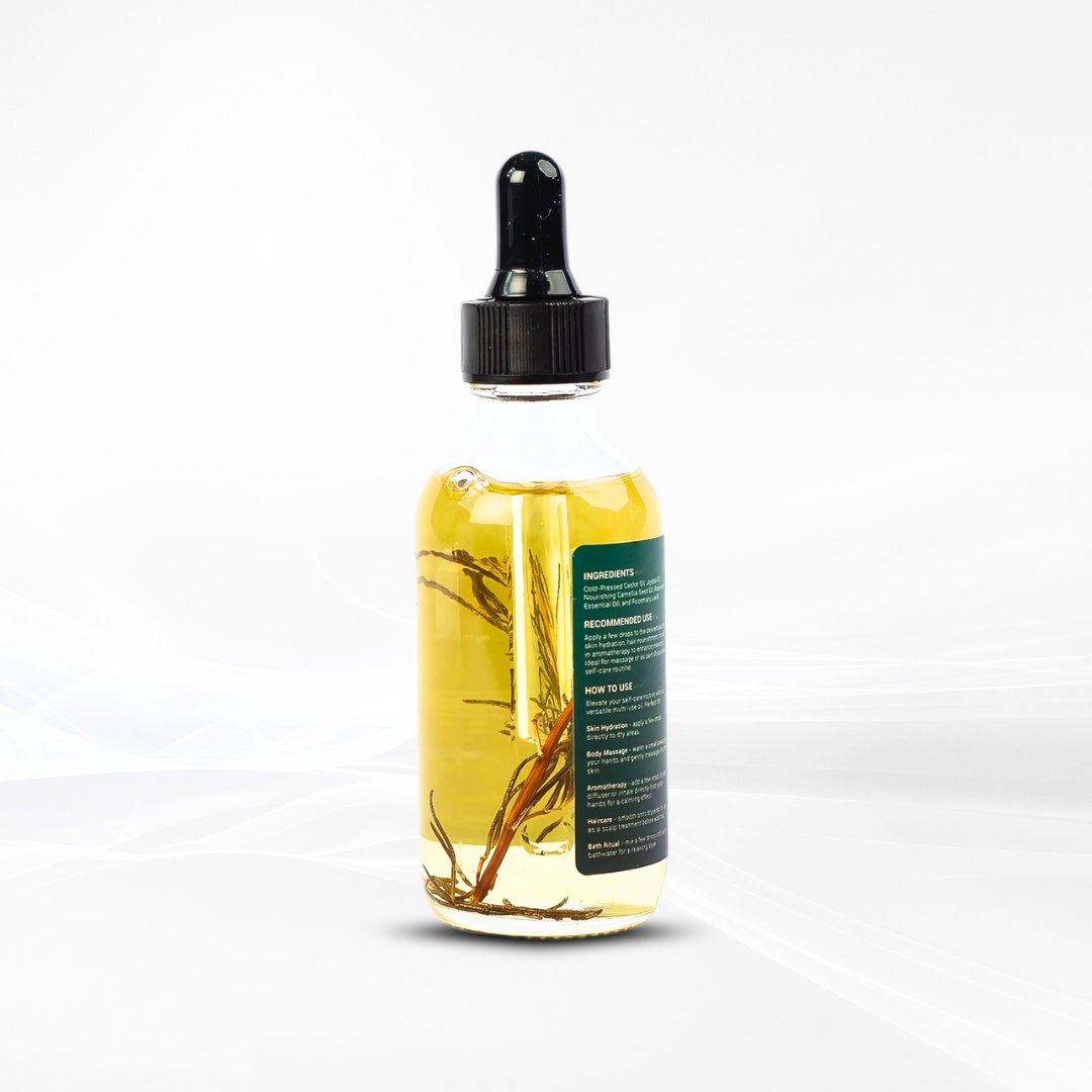 TrustBotics Rosemary Essential Oil bottle showing natural rosemary sprigs infused in golden oil, highlighting its authentic, plant-based formula.