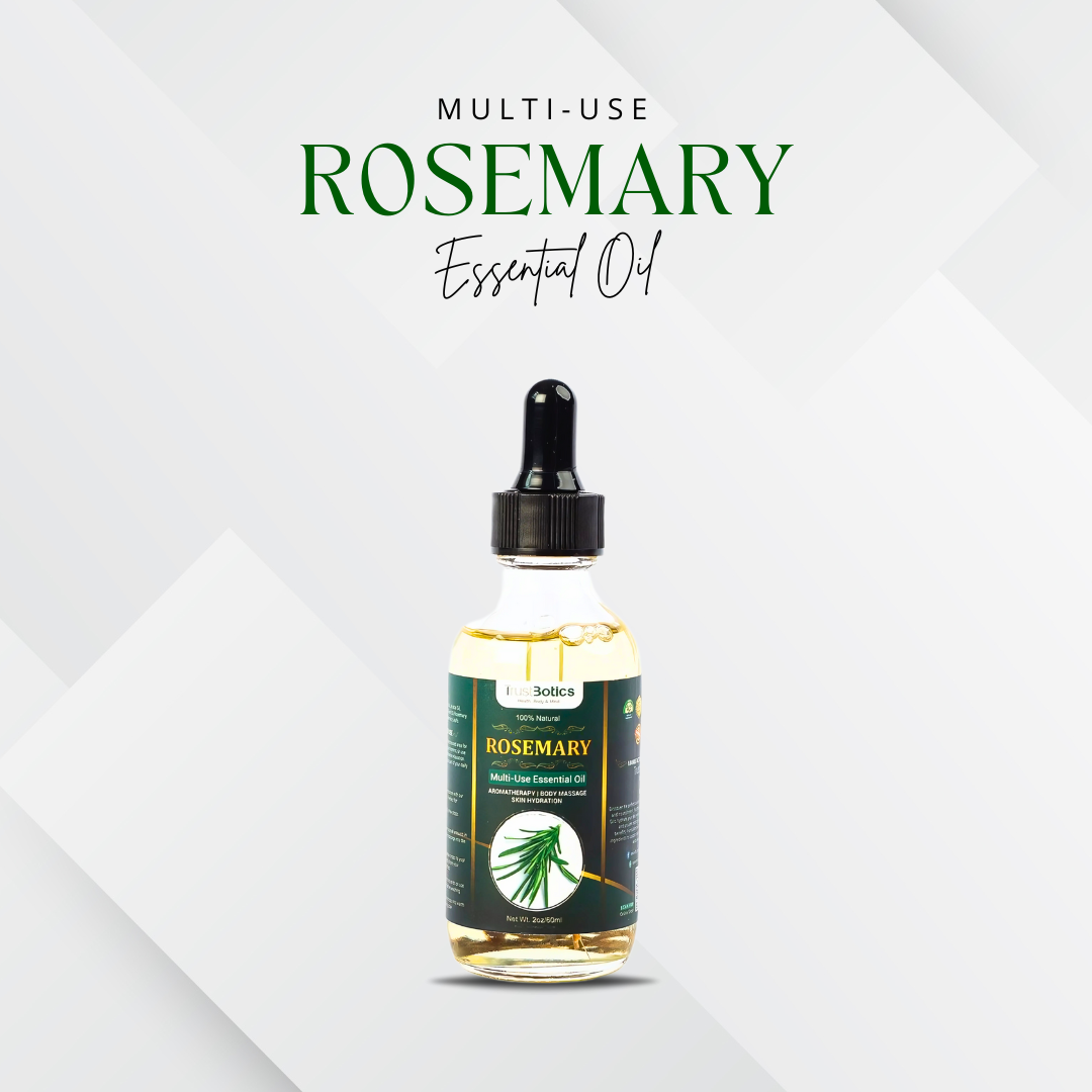 TrustBotics Multi-Use Rosemary Essential Oil bottle on white background with product branding, highlighting fresh and vitalizing natural formula.