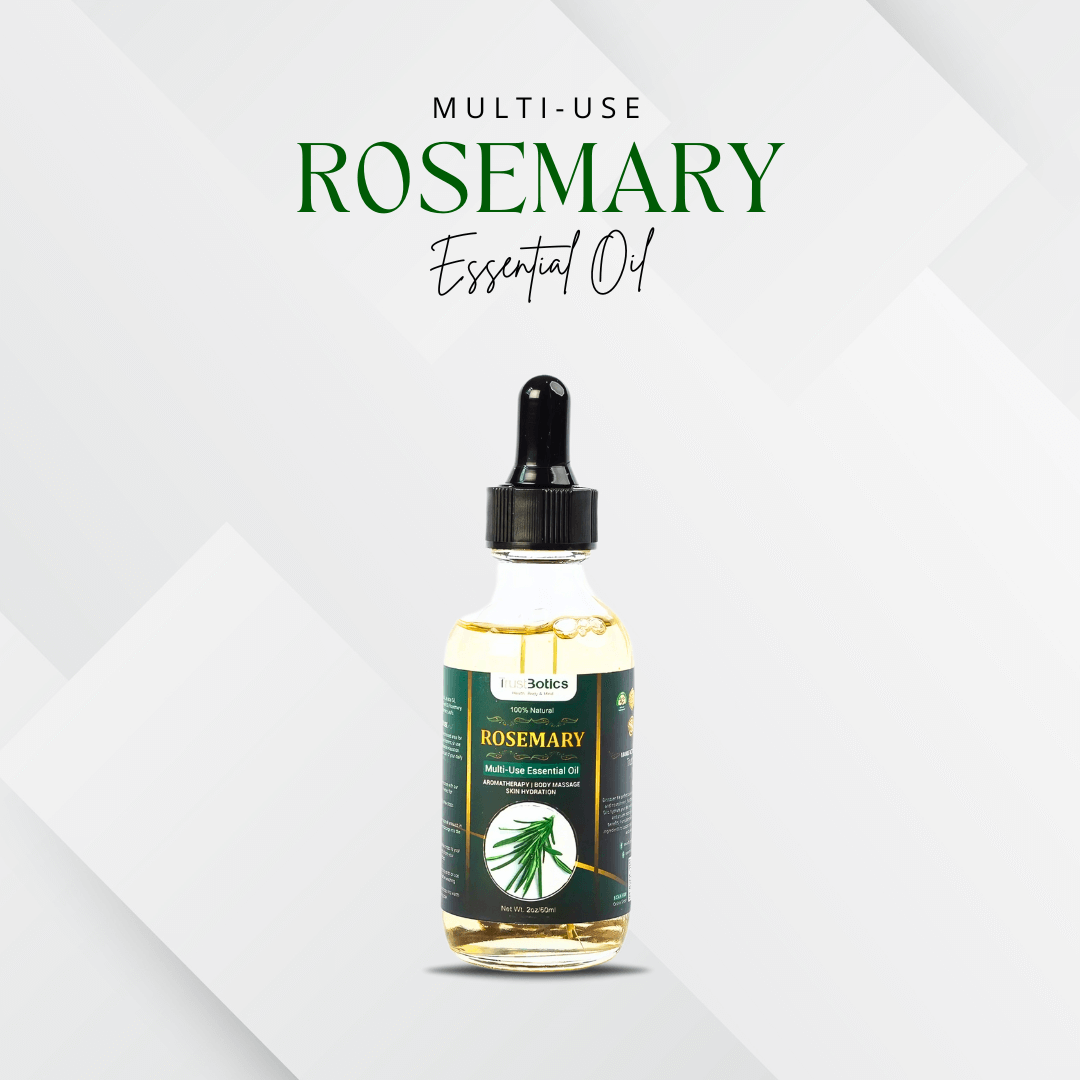 TrustBotics Multi-Use Rosemary Essential Oil bottle on white background with product branding, highlighting fresh and vitalizing natural formula.