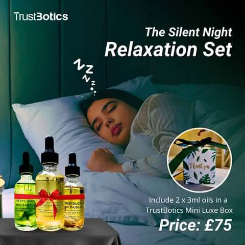 TrustBotics The Silent Night Relaxation Set – premium sleep essential oils combo with mini luxe box, woman peacefully sleeping, special price £75, perfect for restful nights.