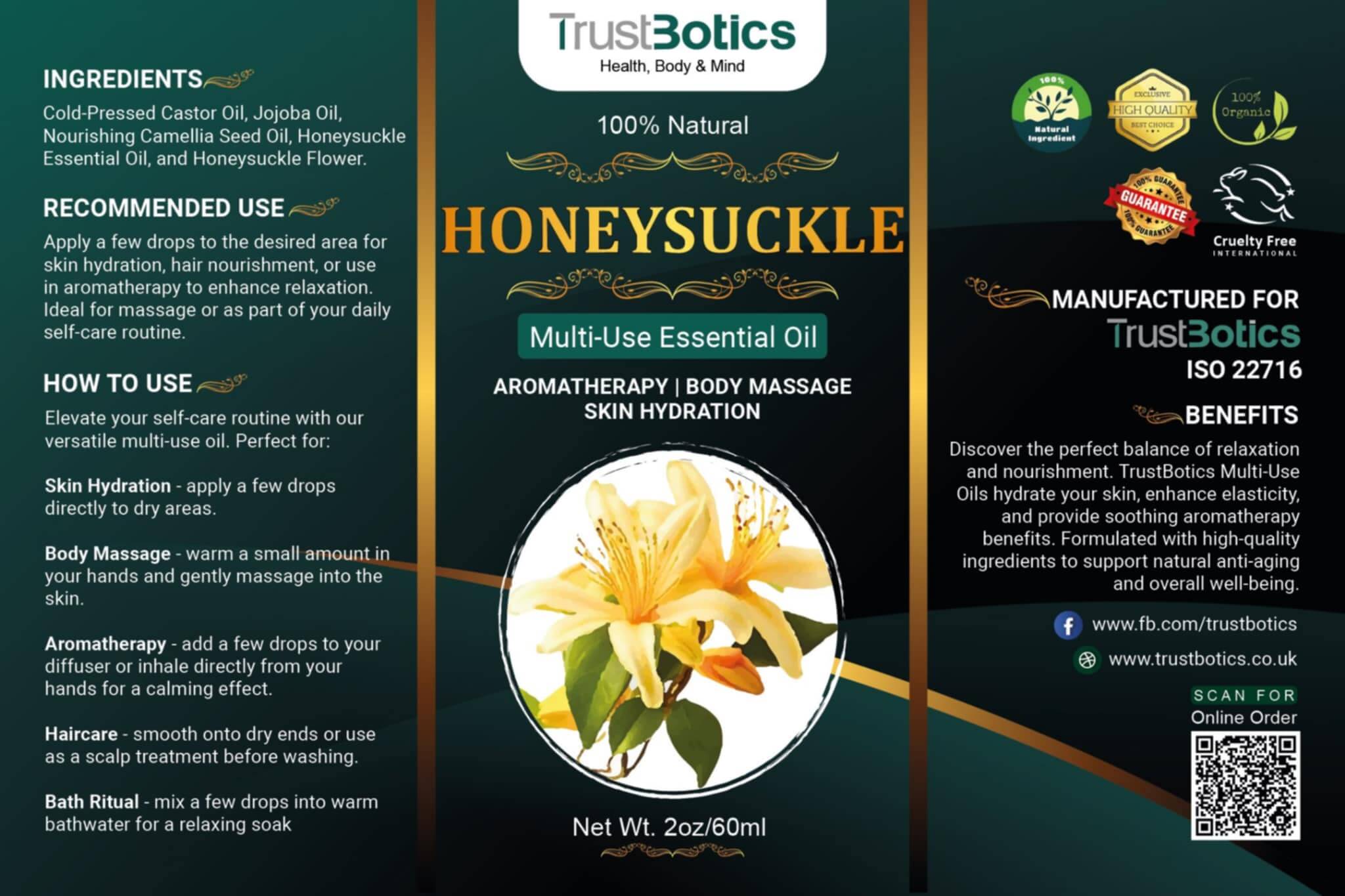 Honeysuckle Essential Oil label with ingredients, usage instructions, and TrustBotics branding on green background.