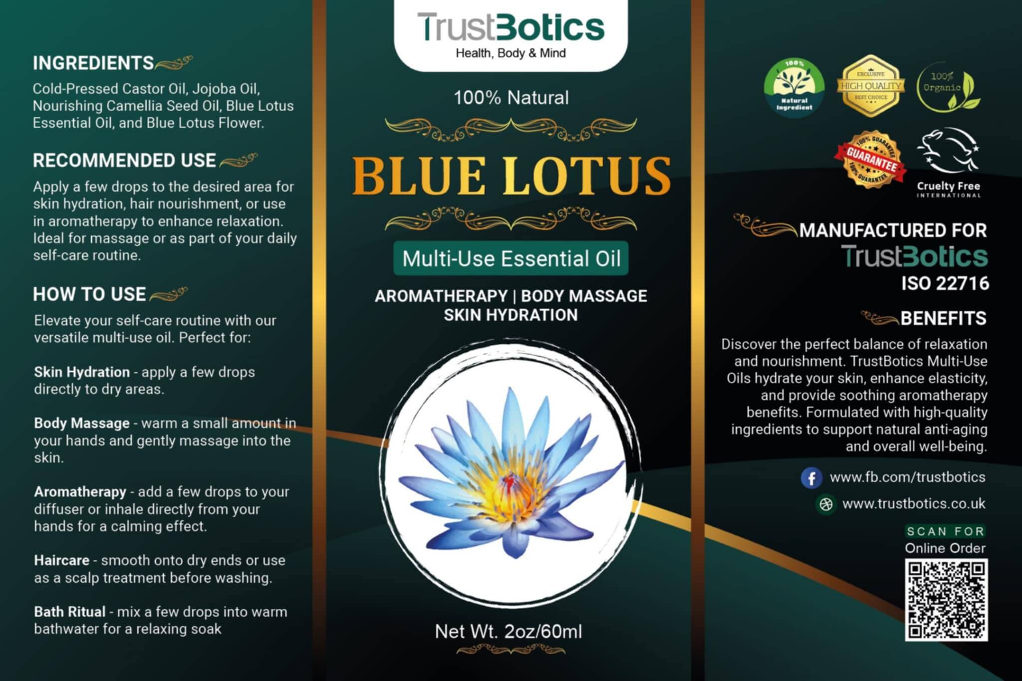 TrustBotics Blue Lotus Multi-Use Essential Oil 60 ml packaging leaflet showing detailed ingredients, recommended use, benefits, and brand certifications with a vibrant blue lotus graphic.