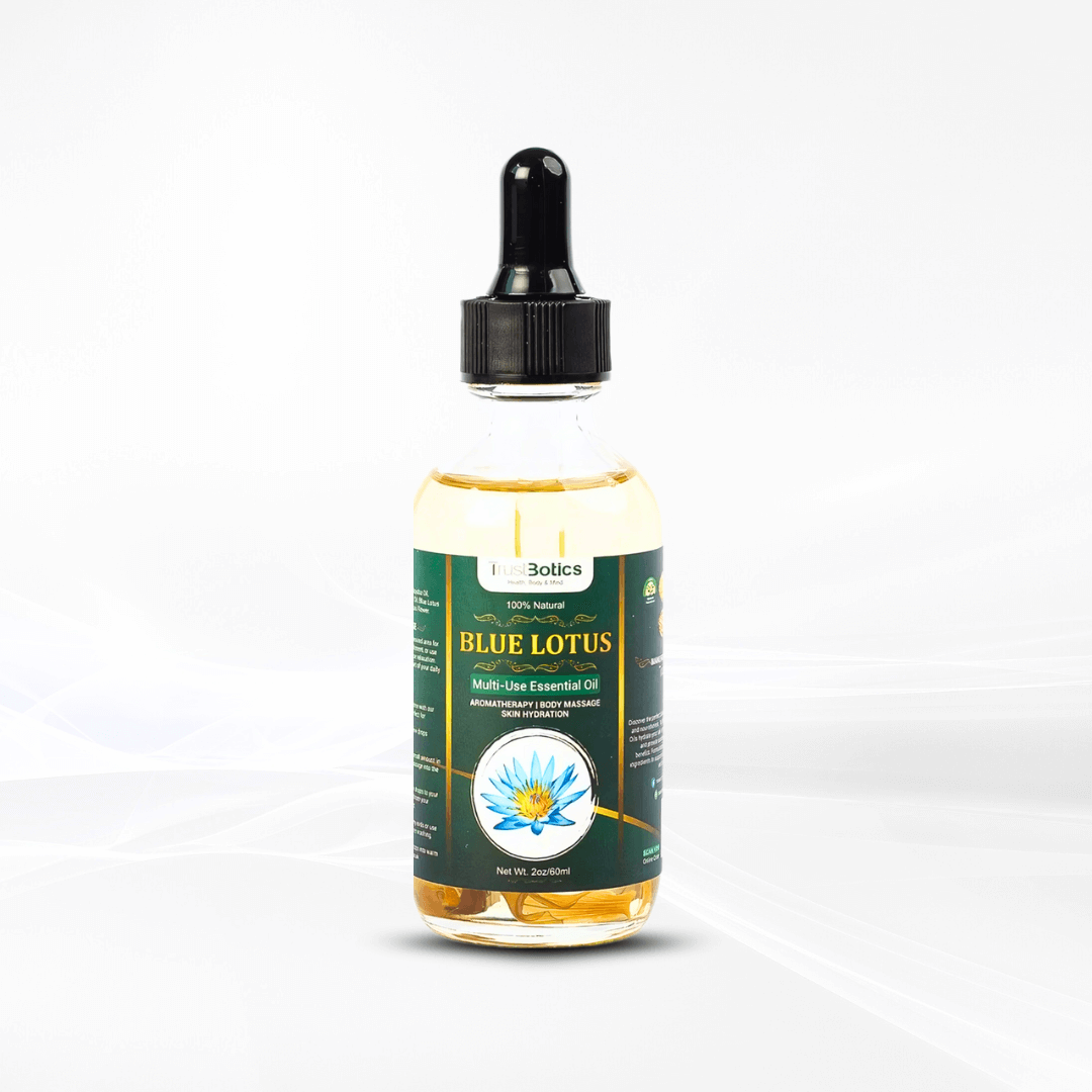 TrustBotics Blue Lotus Multi-Use Essential Oil bottle – luxurious elixir for glowing skin, relaxation, and evening rituals.