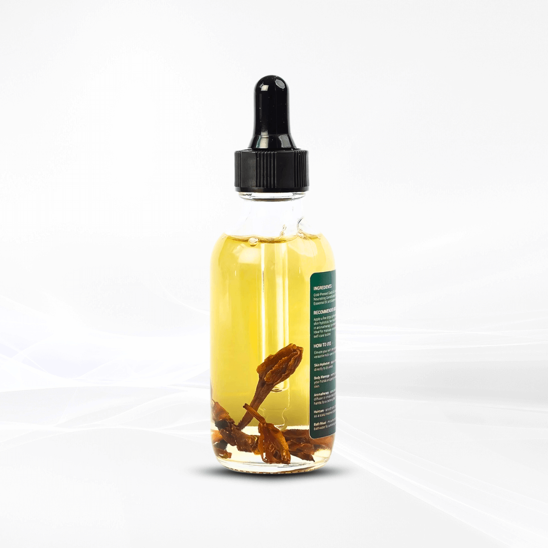 TrustBotics Gardenia Multi-Use Essential Oil bottle with visible botanical petals inside – premium multi-use oil highlighting natural ingredients for skincare and relaxation.