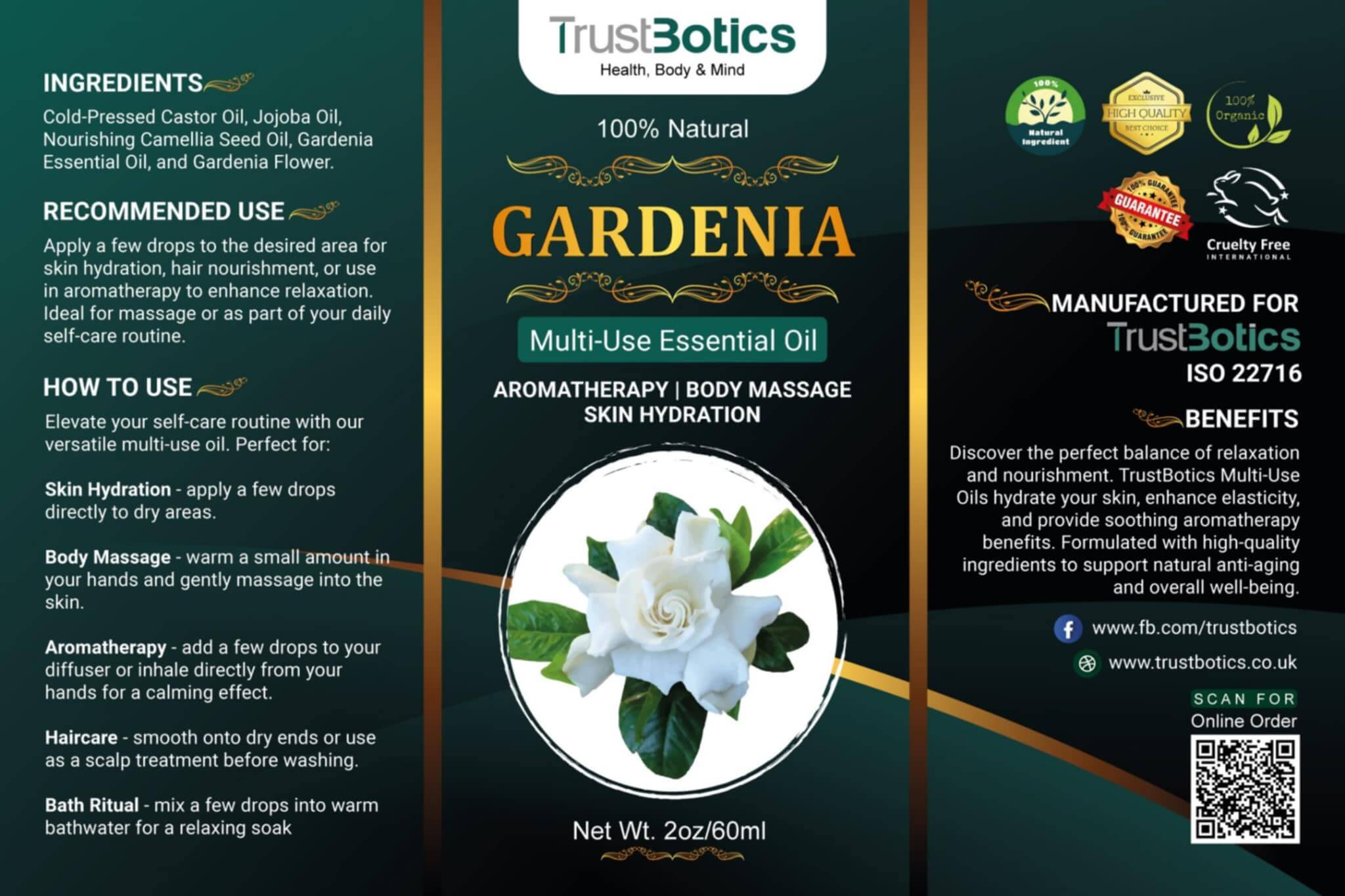 TrustBotics Gardenia Multi-Use Essential Oil 60 ml - informational poster showing ingredients, usage instructions, certifications, and product benefits for skincare, massage, and aromatherapy.