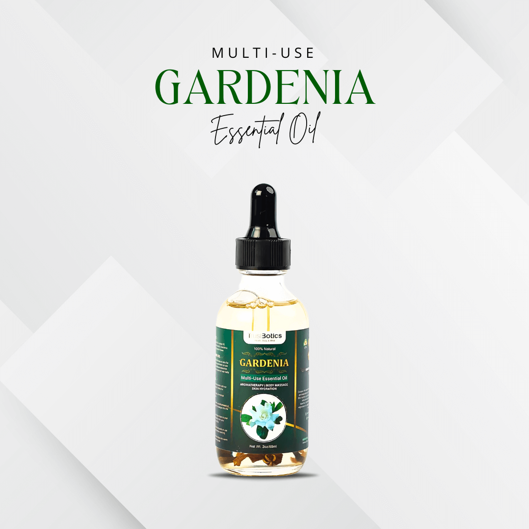 TrustBotics Gardenia Multi-Use Essential Oil, luxurious floral elixir in a premium glass bottle, perfect for skincare, haircare, and aromatherapy rituals.