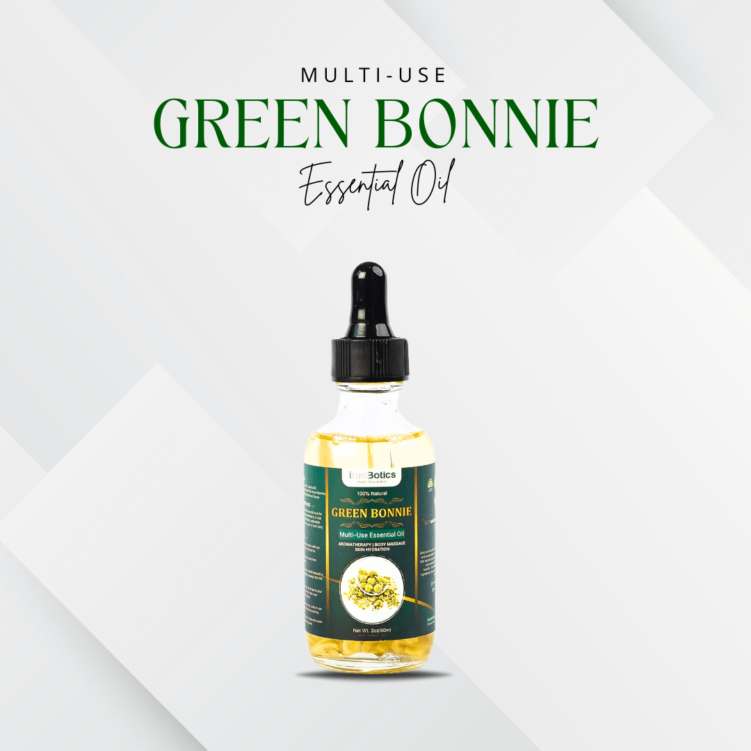 Green Bonnie Flower Multi-Use Essential Oil by TrustBotics – premium elderflower oil bottle on white background, natural skincare and aromatherapy product.