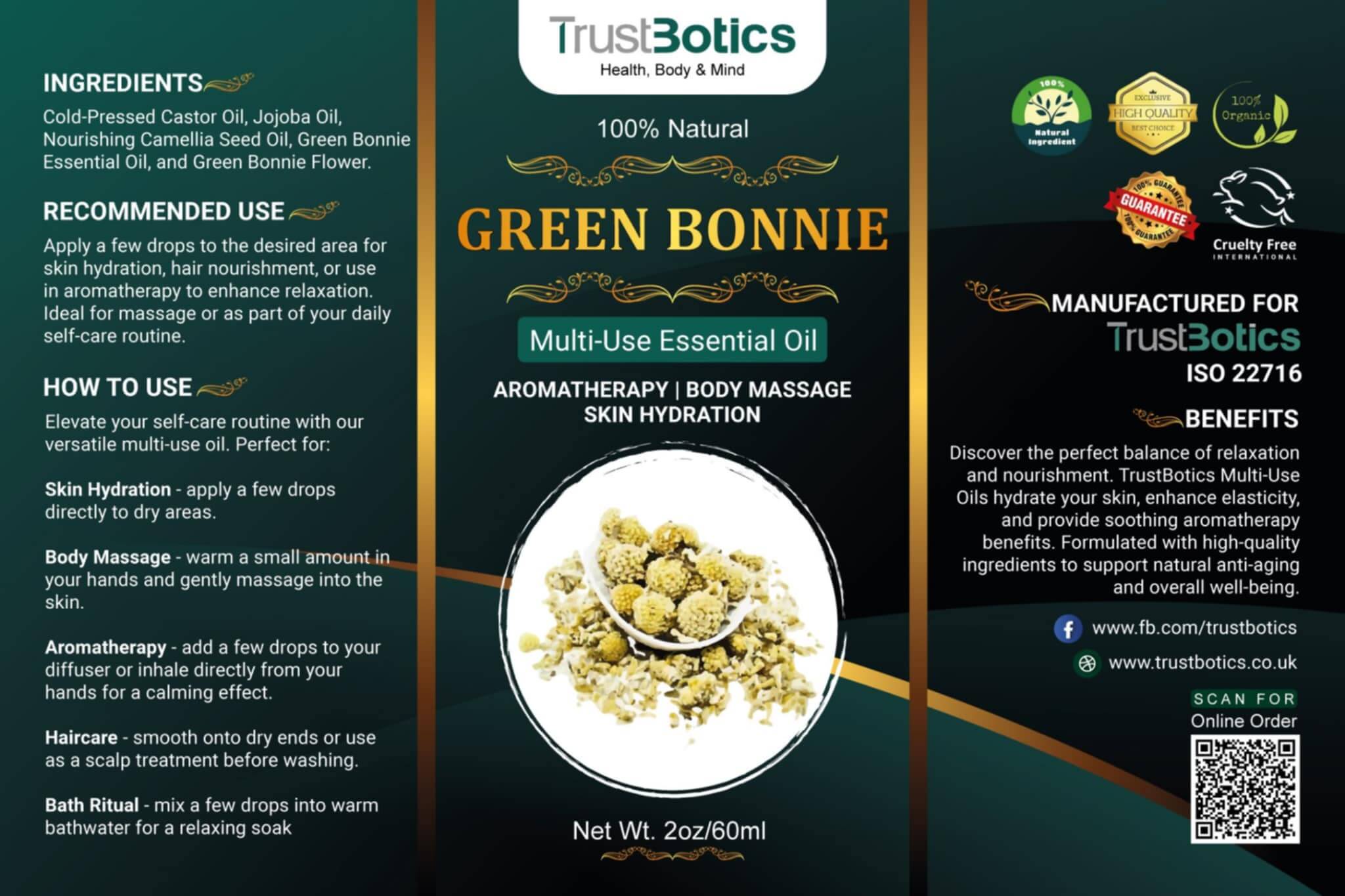 TrustBotics Green Bonnie Flower Multi-Use Essential Oil 60 ml - packaging insert with ingredients, usage instructions, benefits, and certification badges.