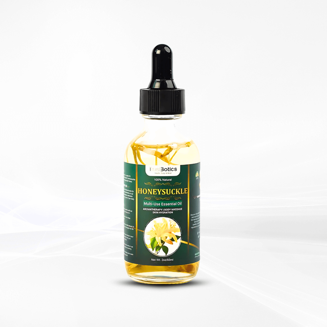 TrustBotics Honeysuckle Multi-Use Essential Oil bottle – natural floral oil for radiant skin, shown on a clean white background.