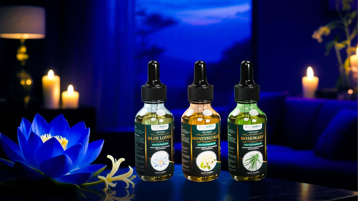 TrustBotics The Evening Calm Ritual Set - Blue Lotus, Honeysuckle, and Rosemary multi-use essential oils displayed elegantly with candles and lotus flower in a serene spa setting.