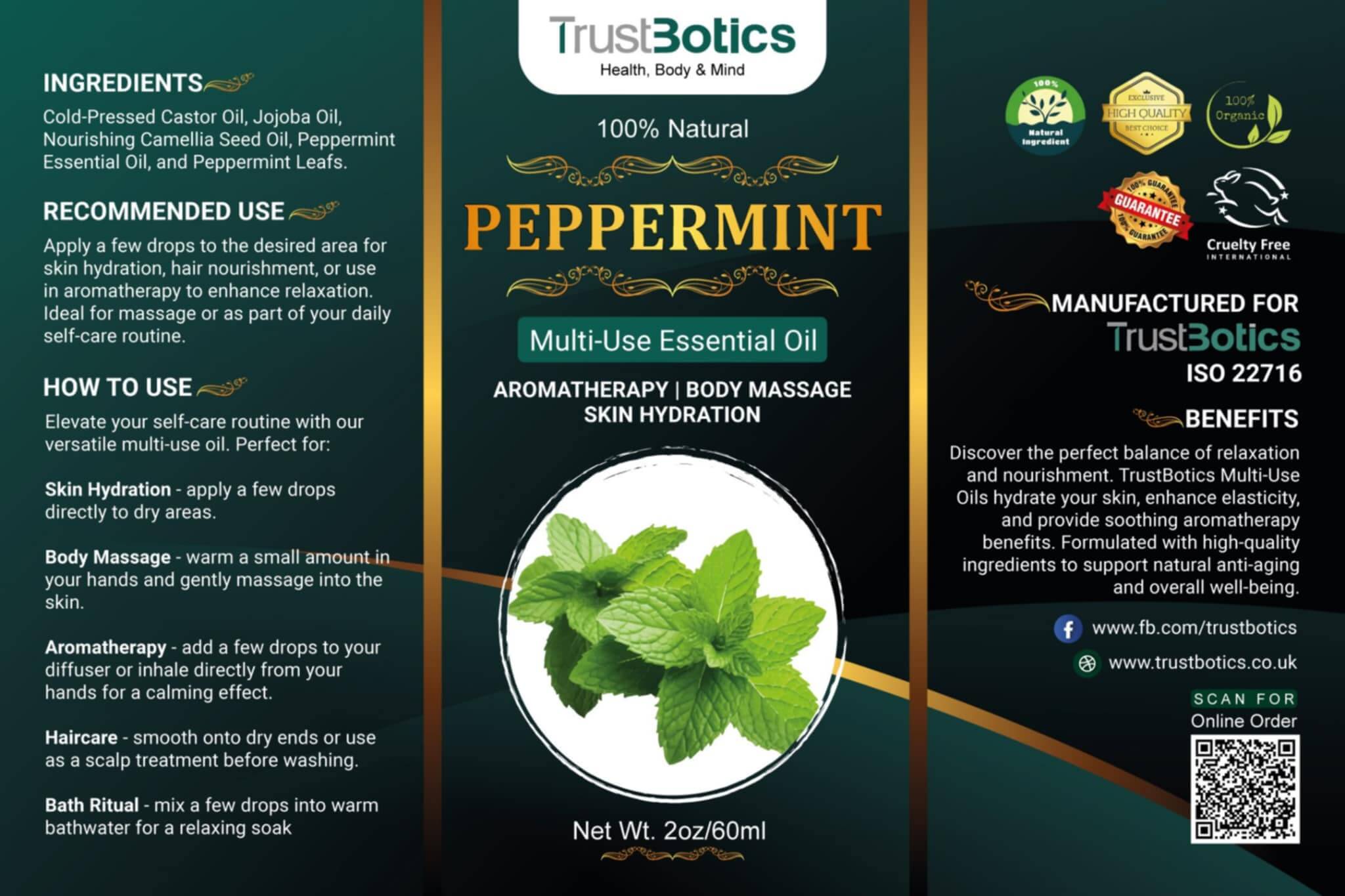 TrustBotics Peppermint Multi-Use Essential Oil 60 ml, label featuring ingredients, benefits, and usage instructions.