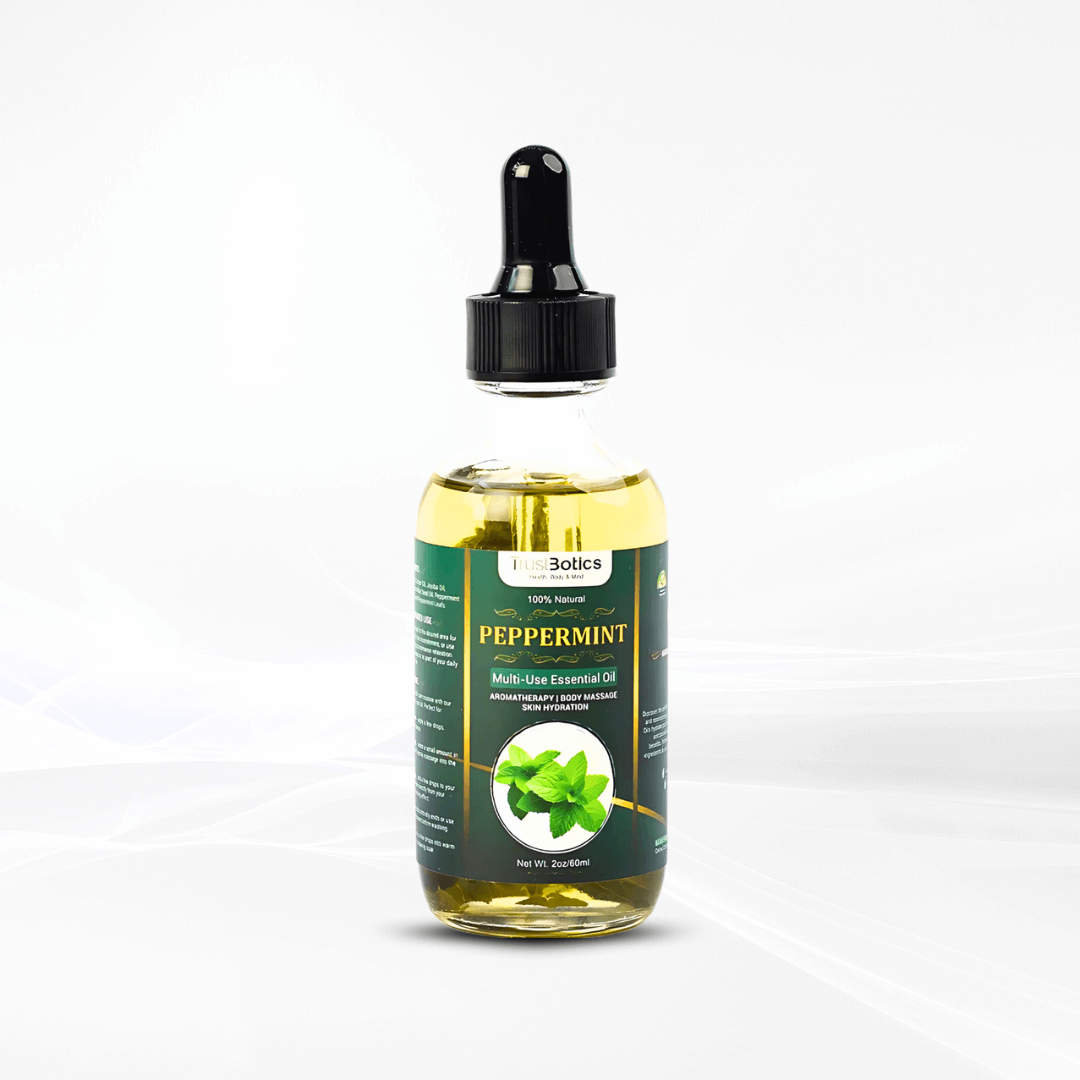 TrustBotics Peppermint Multi-Use Essential Oil in a glass bottle with dropper for refreshing self-care.
