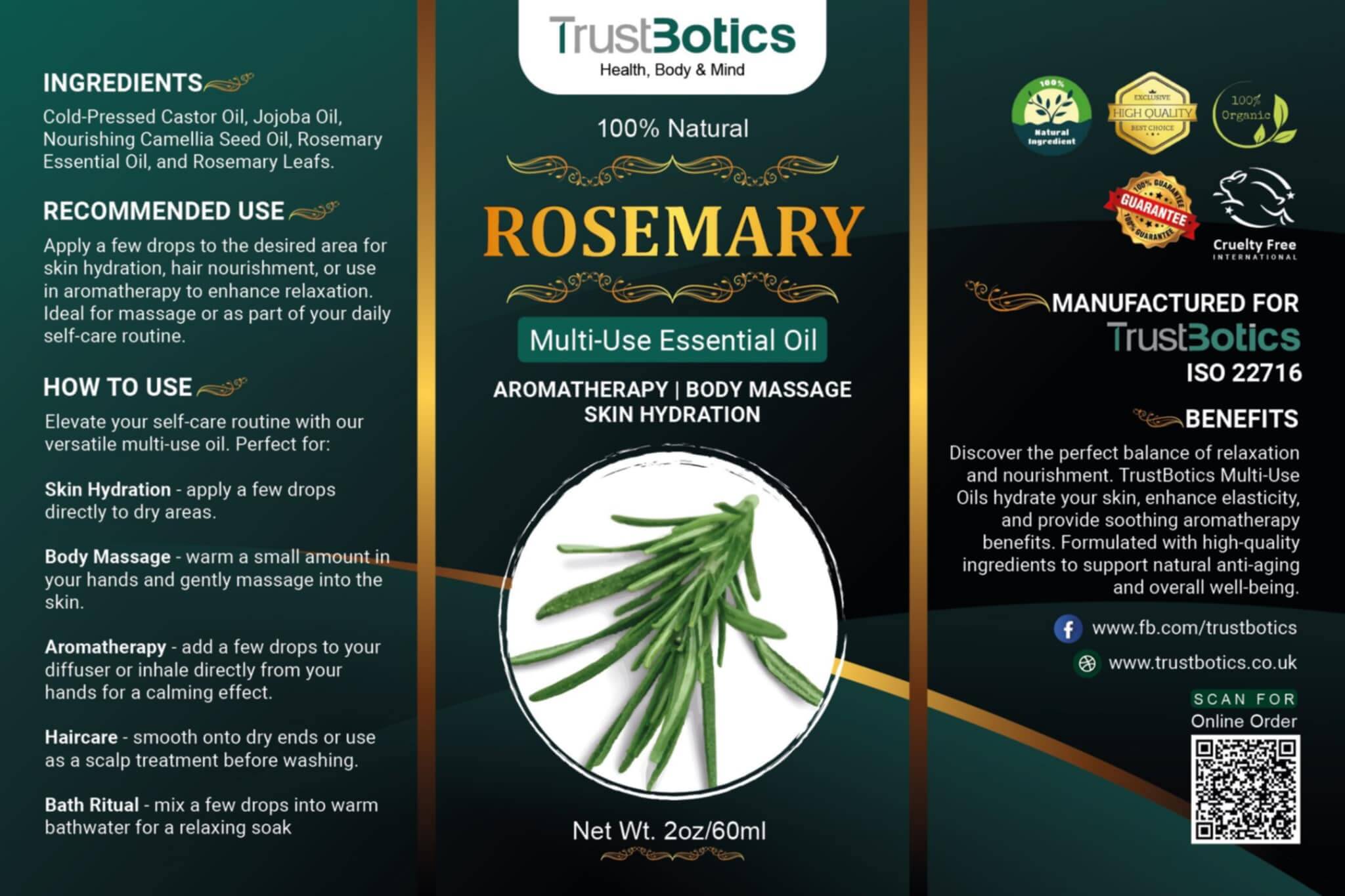 TrustBotics Rosemary Multi-Use Essential Oil 60 ml product information and usage instructions.