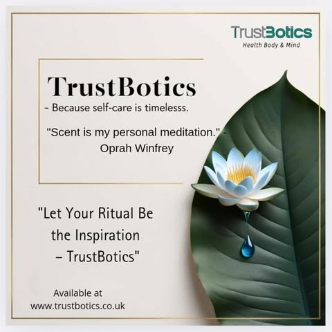 TrustBotics promotional image with white lotus flower and quote about self-care inspired by Oprah Winfrey.