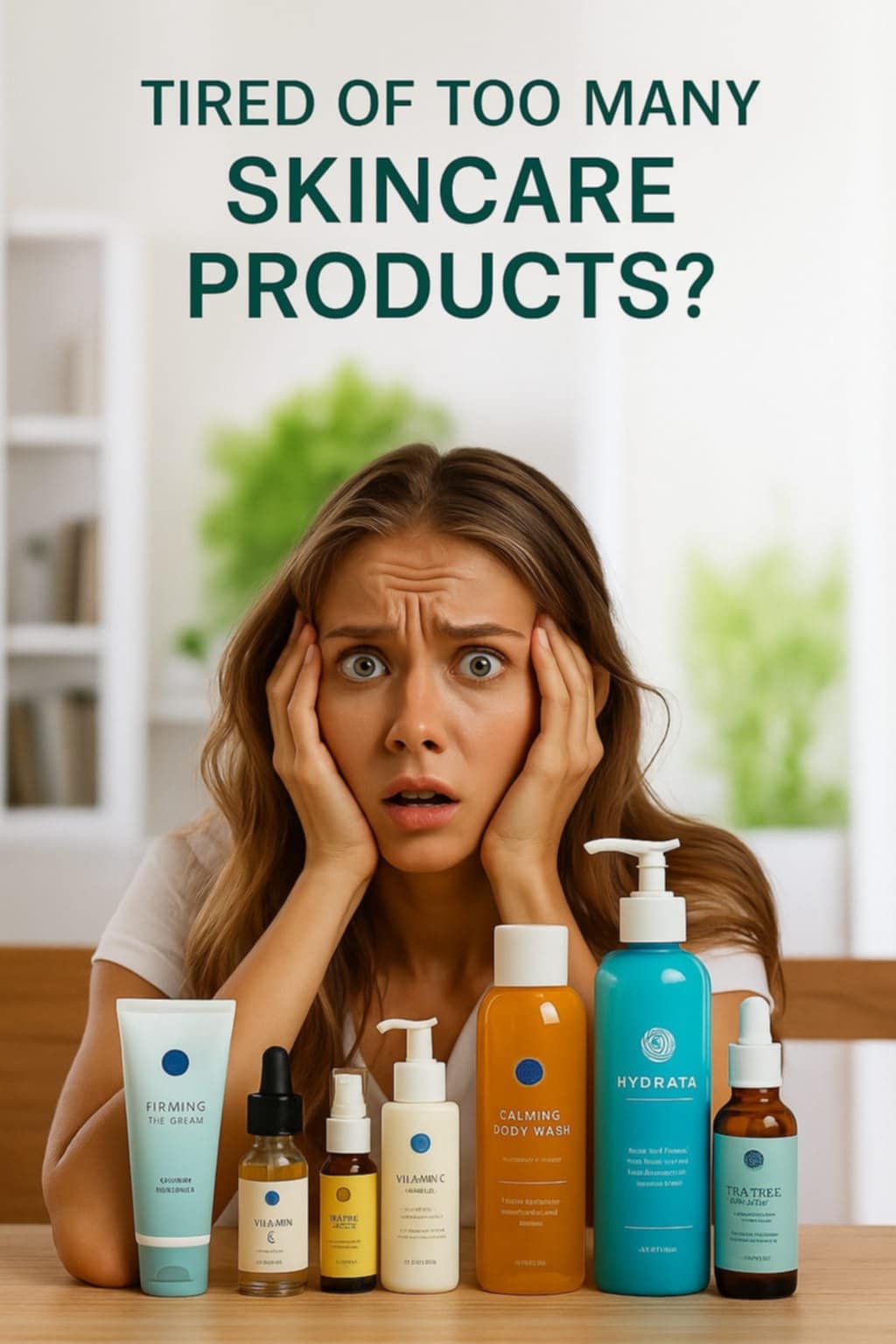 Woman overwhelmed by too many skincare products with text “Tired of too many skincare products?” highlighting beauty routine frustration.