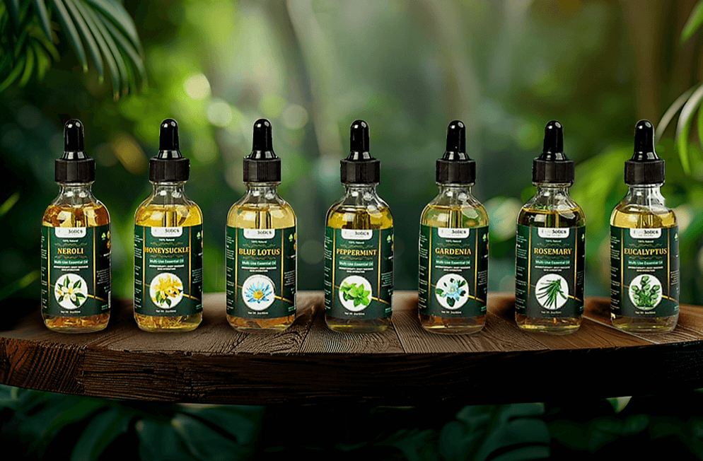 TrustBotics collection of multi-use essential oils displayed on a wooden surface surrounded by lush greenery - symbolizing natural balance, beauty, and modern aromatherapy rituals.