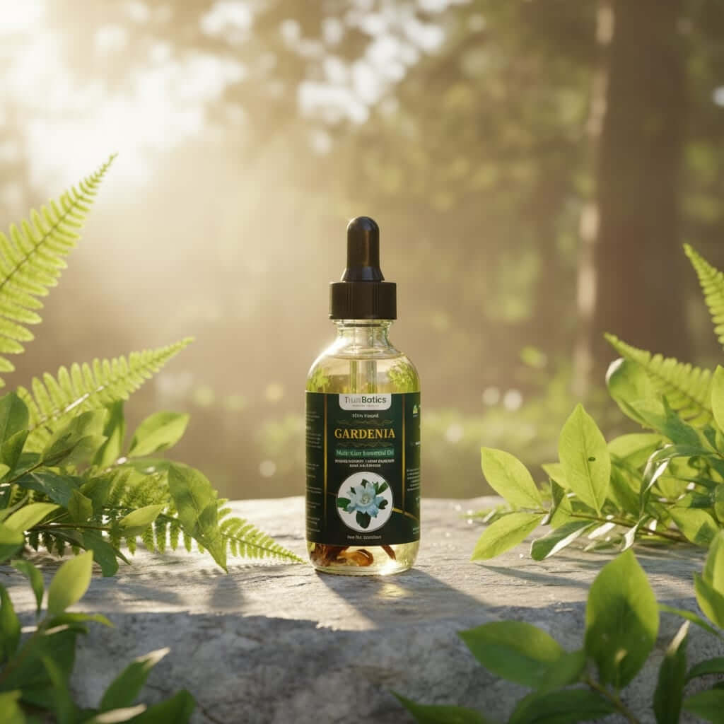 TrustBotics Gardenia Multi-Use Essential Oil bottle surrounded by lush green leaves and warm sunlight - symbol of elegance, softness, and natural luxury.