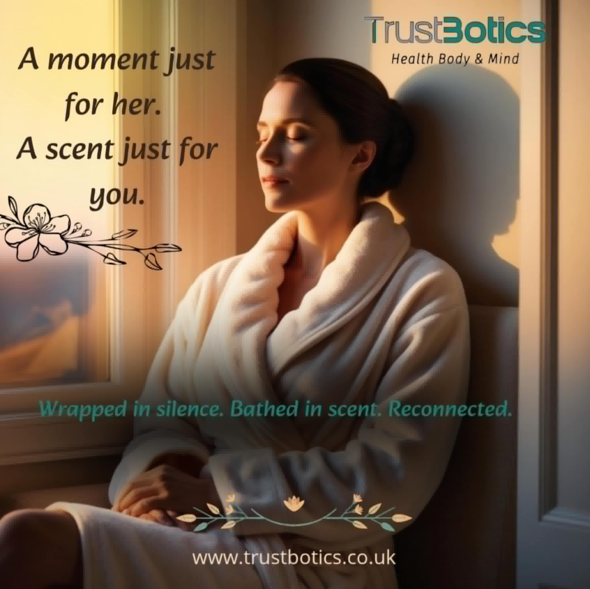 Woman in white robe relaxing with text “A moment just for her. A scent just for you” promoting TrustBotics essential oils for women’s self-care.