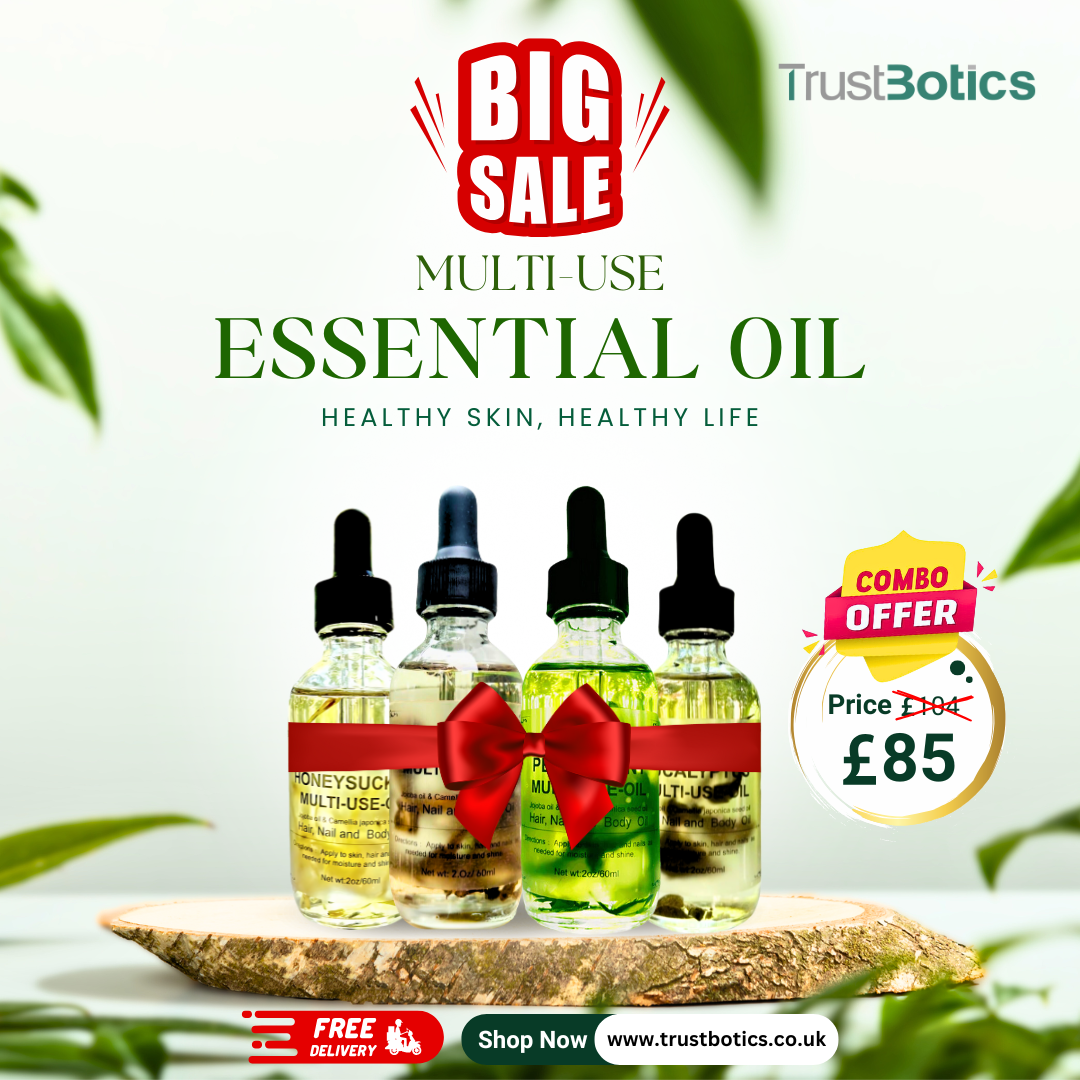 Big Sale Combo Offer on TrustBotics Multi-Use Essential Oils – luxurious aromatherapy oils for healthy skin, ready to use, with free delivery in the UK.