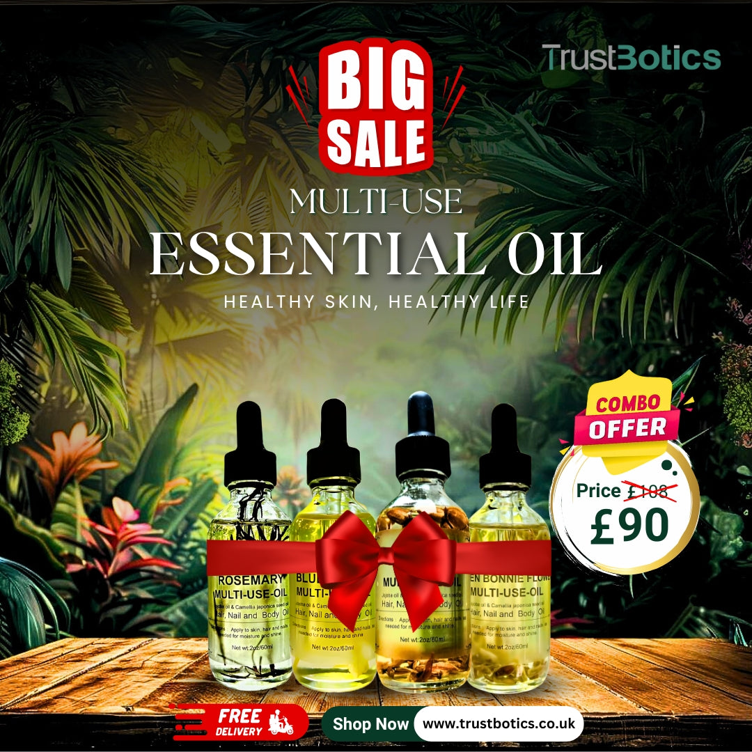 TrustBotics Big Sale – Multi-Use Essential Oils Combo Offer for Healthy Skin &amp; Life, premium set of essential oils with special price £90, free delivery, lush botanical background.